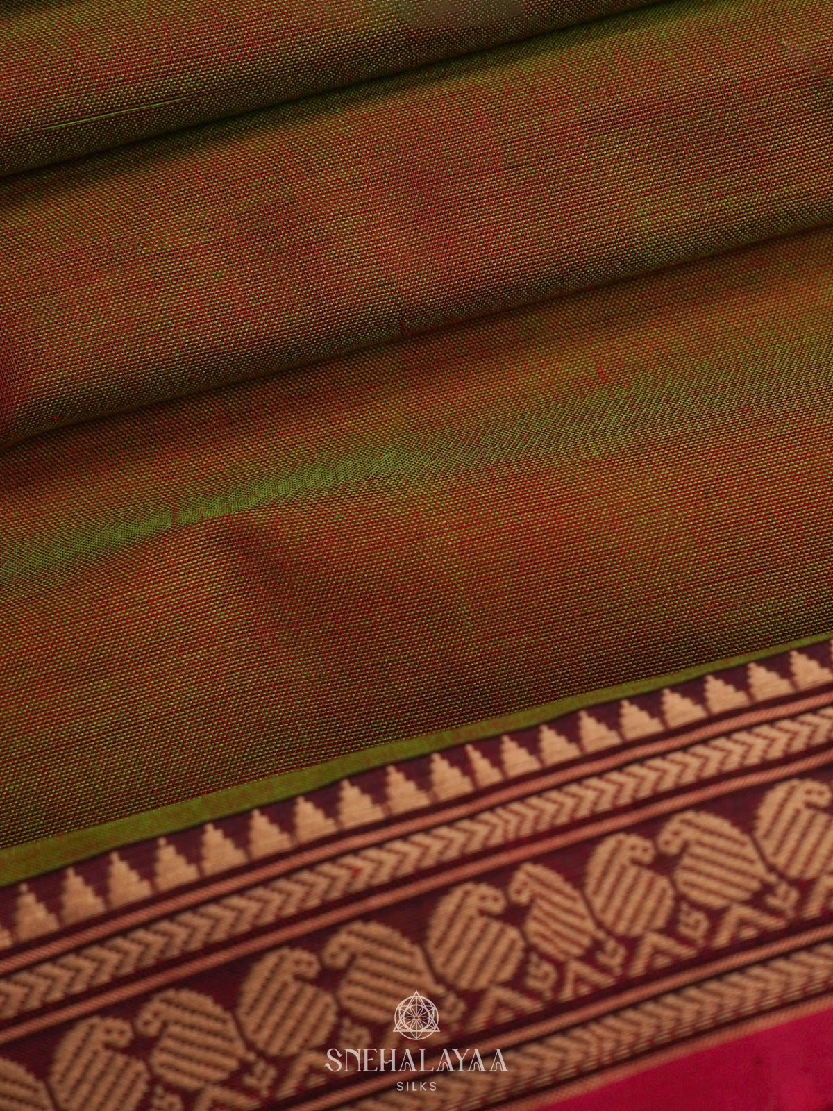 Khaki Green Narayanpet Cotton Saree without Blouse