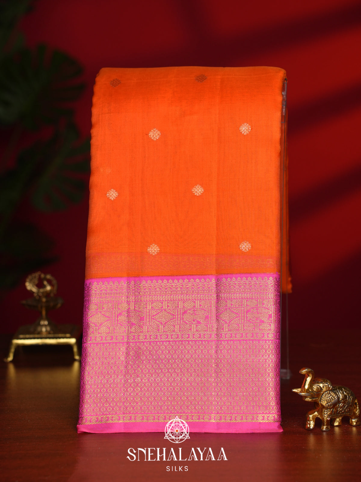 Orange Kanchi Kora Silk Saree with Zari Buttas and Pink Zari Border
