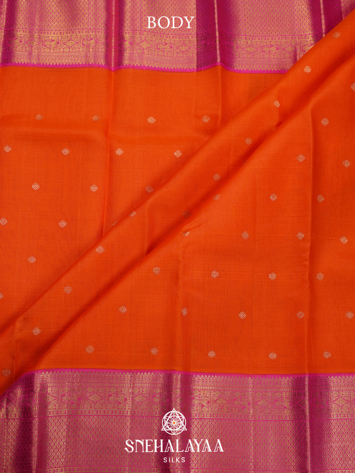 Orange Kanchi Kora Silk Saree with Zari Buttas and Pink Zari Border