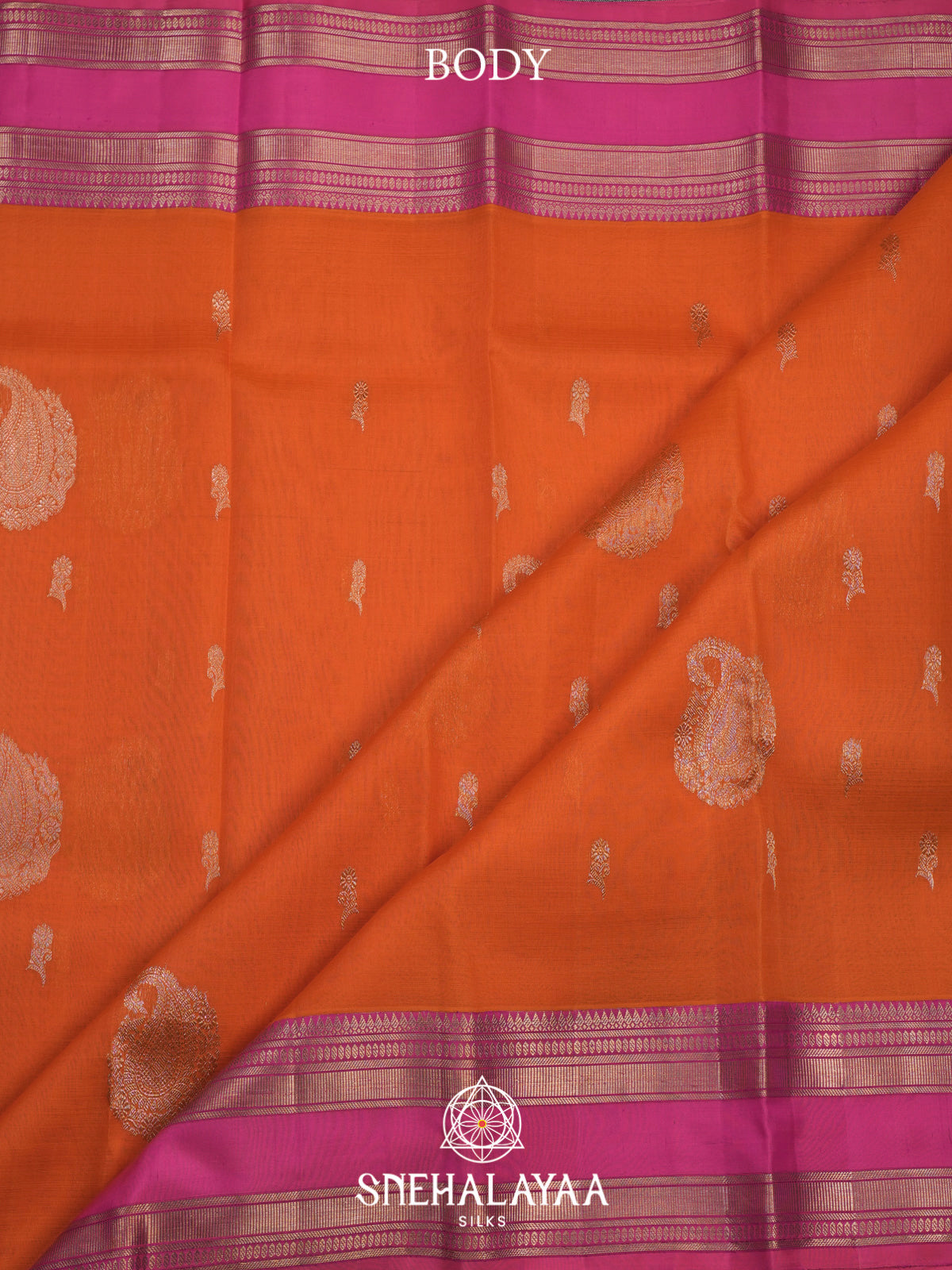 Orange Kanchi Kora Silk Saree with Pink Zari Border