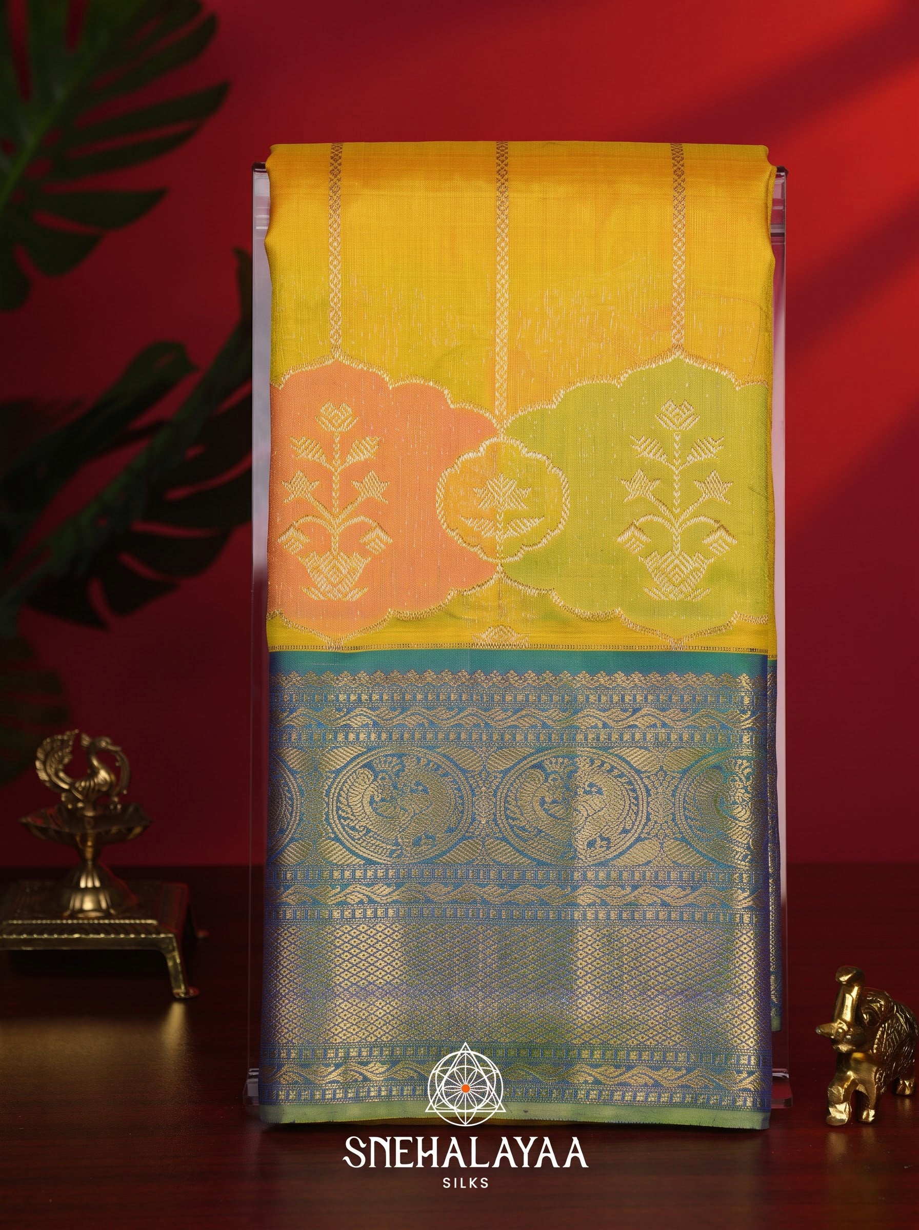 Mustard Yellow Kanchi Kora Silk Saree with Blue Zari Border