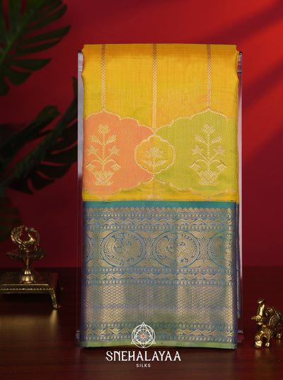 Mustard Yellow Kanchi Kora Silk Saree with Blue Zari Border