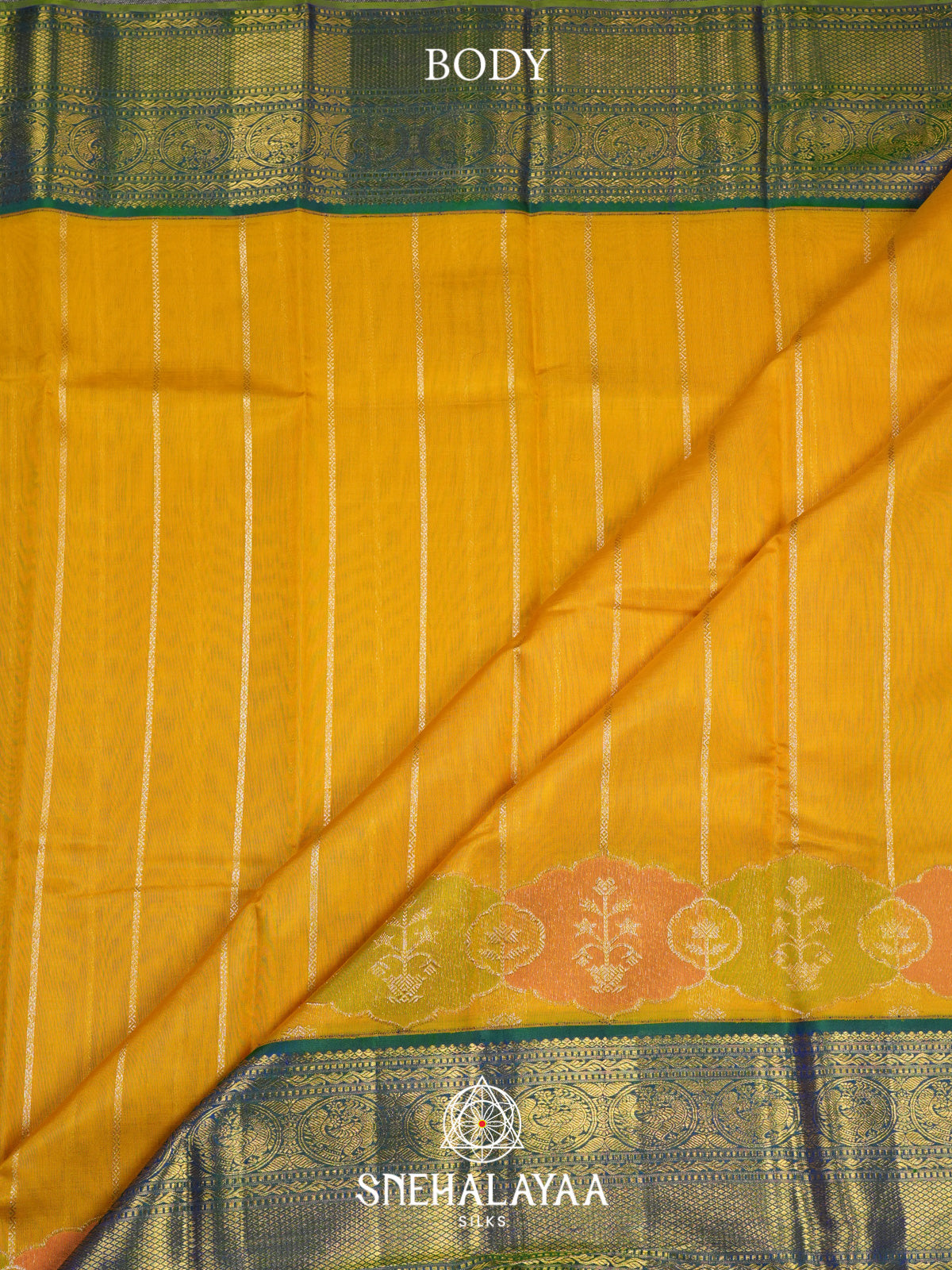 Mustard Yellow Kanchi Kora Silk Saree with Blue Zari Border
