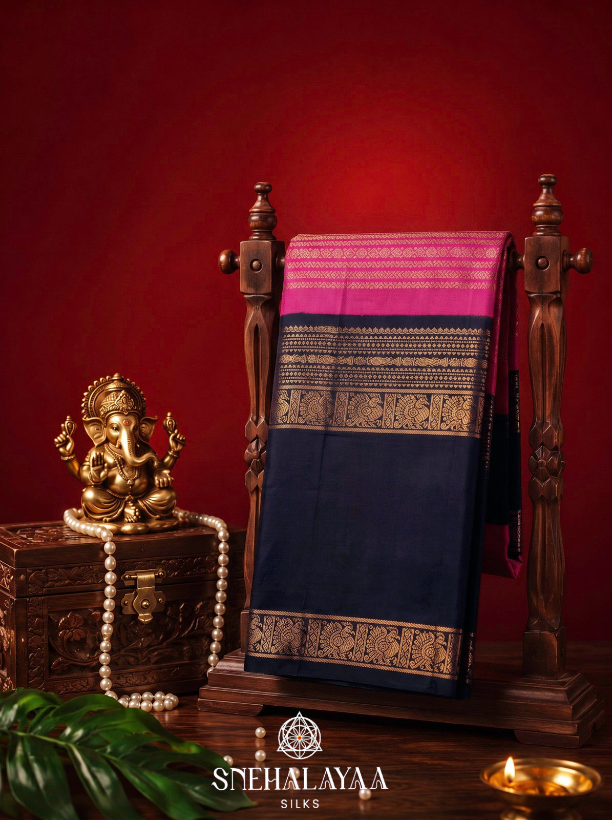 Rani Pink Kanjivaram Silk Saree with Navy Blue Zari Border