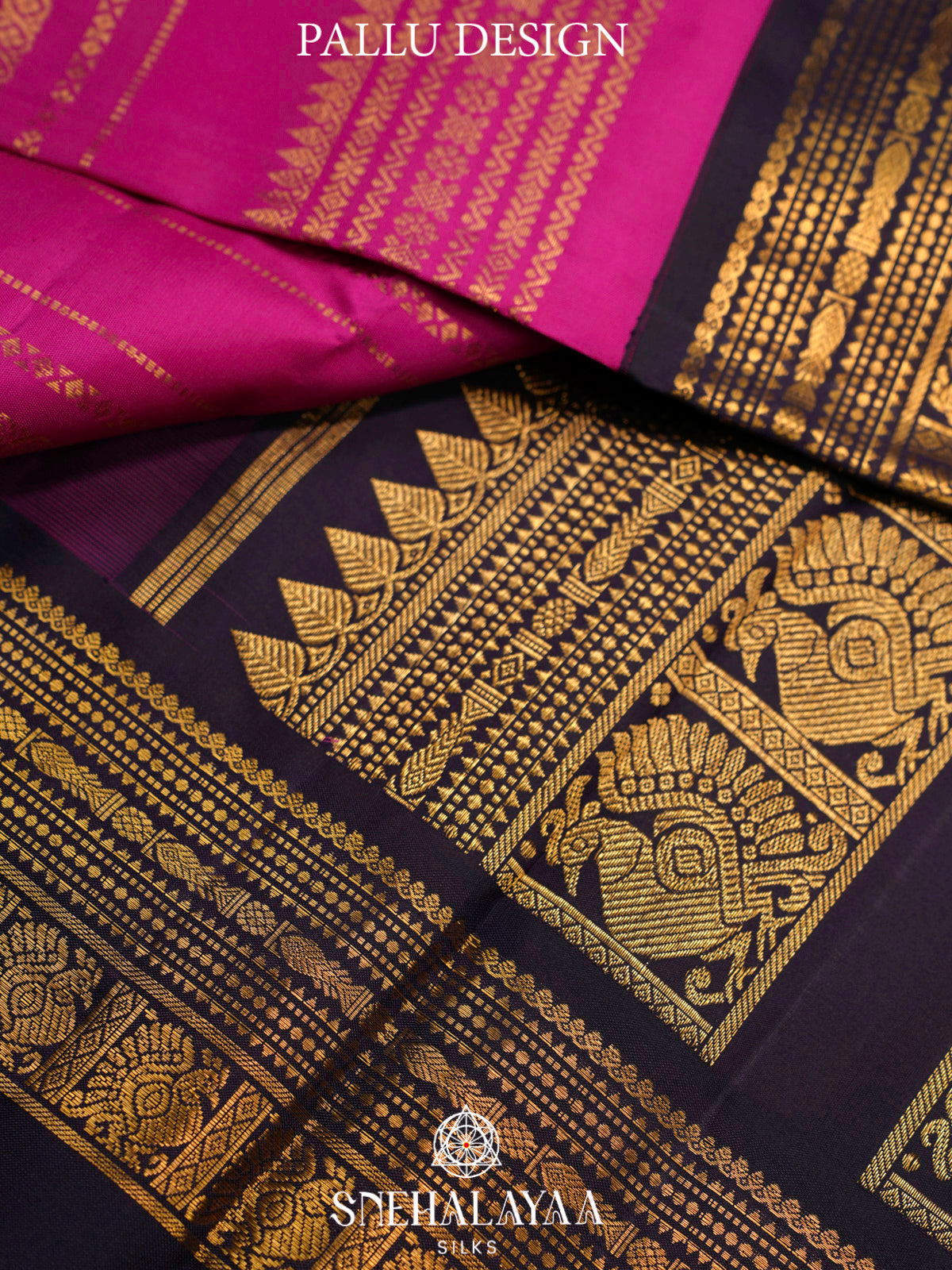 Rani Pink Kanjivaram Silk Saree with Navy Blue Zari Border