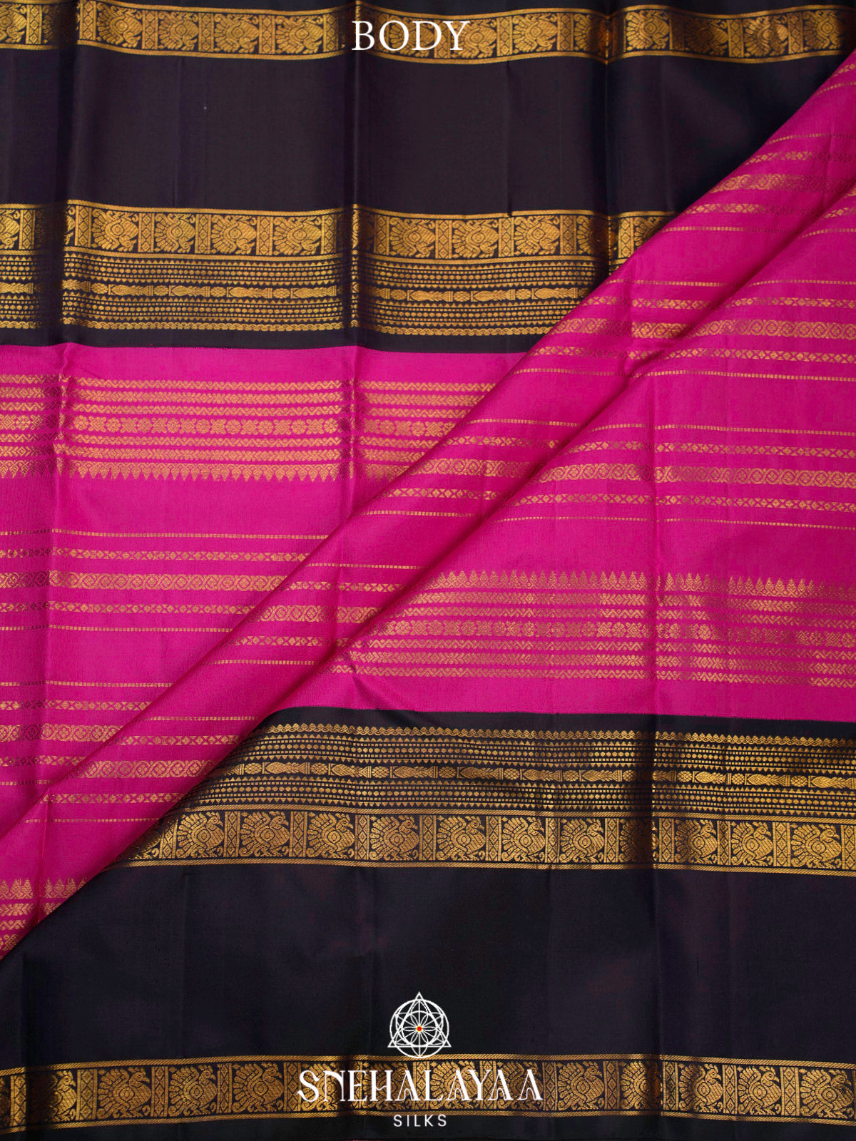 Rani Pink Kanjivaram Silk Saree with Navy Blue Zari Border