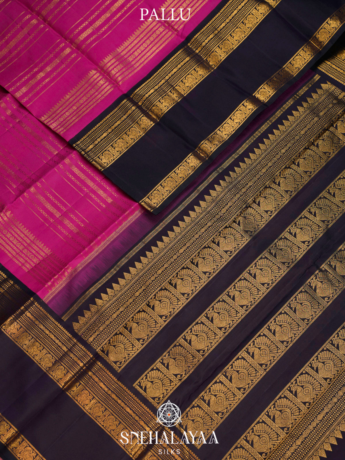 Rani Pink Kanjivaram Silk Saree with Navy Blue Zari Border