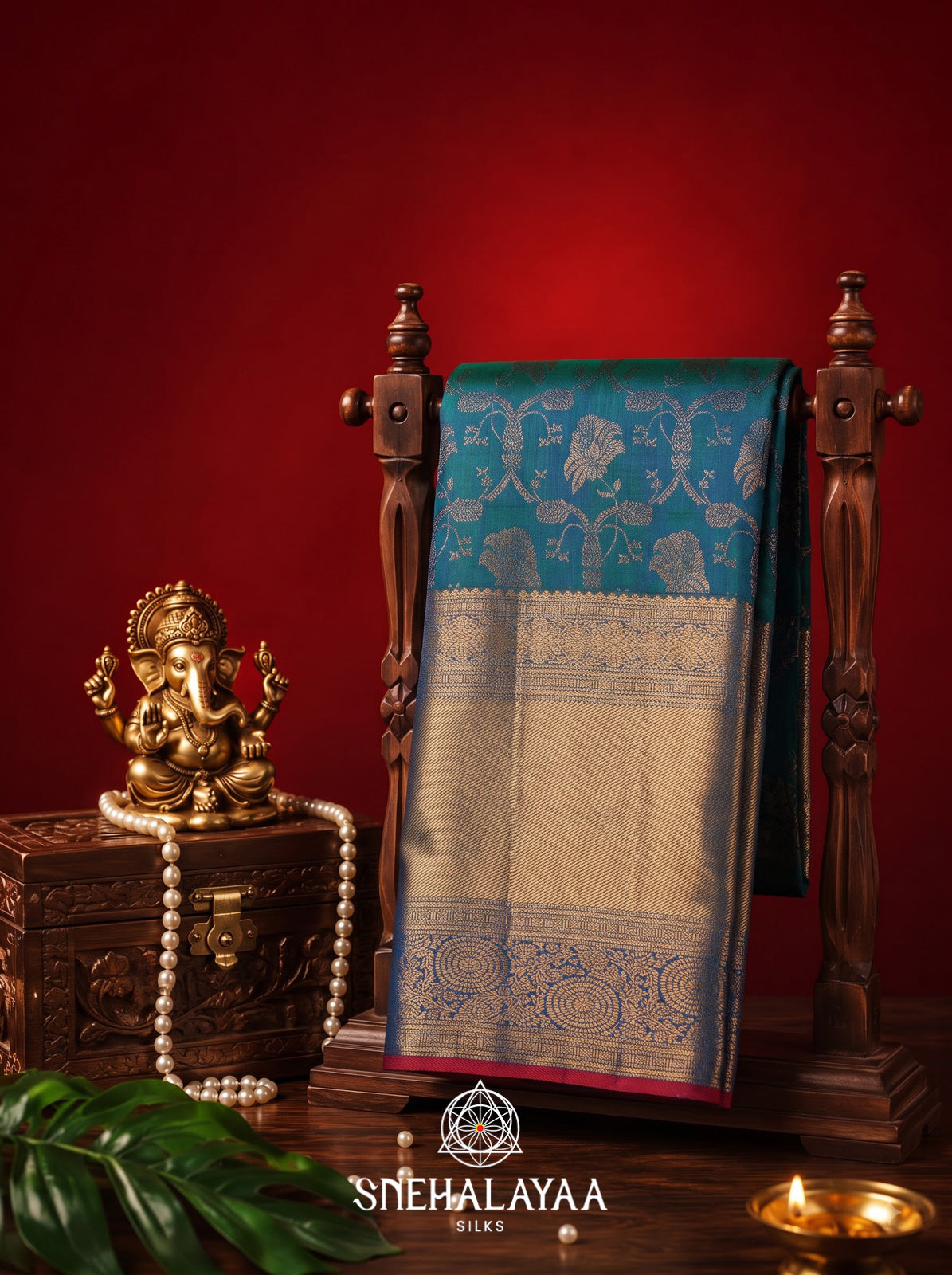 Peacock Blue Floral Kanjivaram Silk Saree with Gold Zari Border