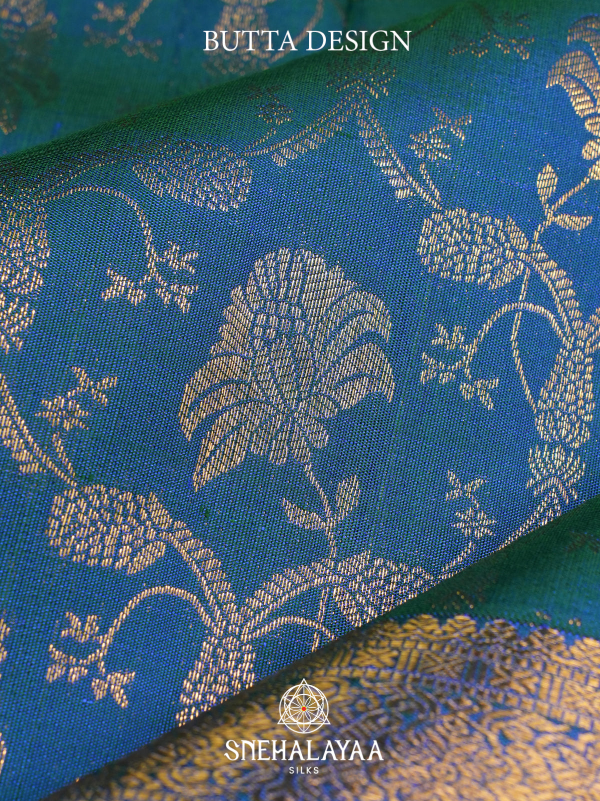 Peacock Blue Floral Kanjivaram Silk Saree with Gold Zari Border