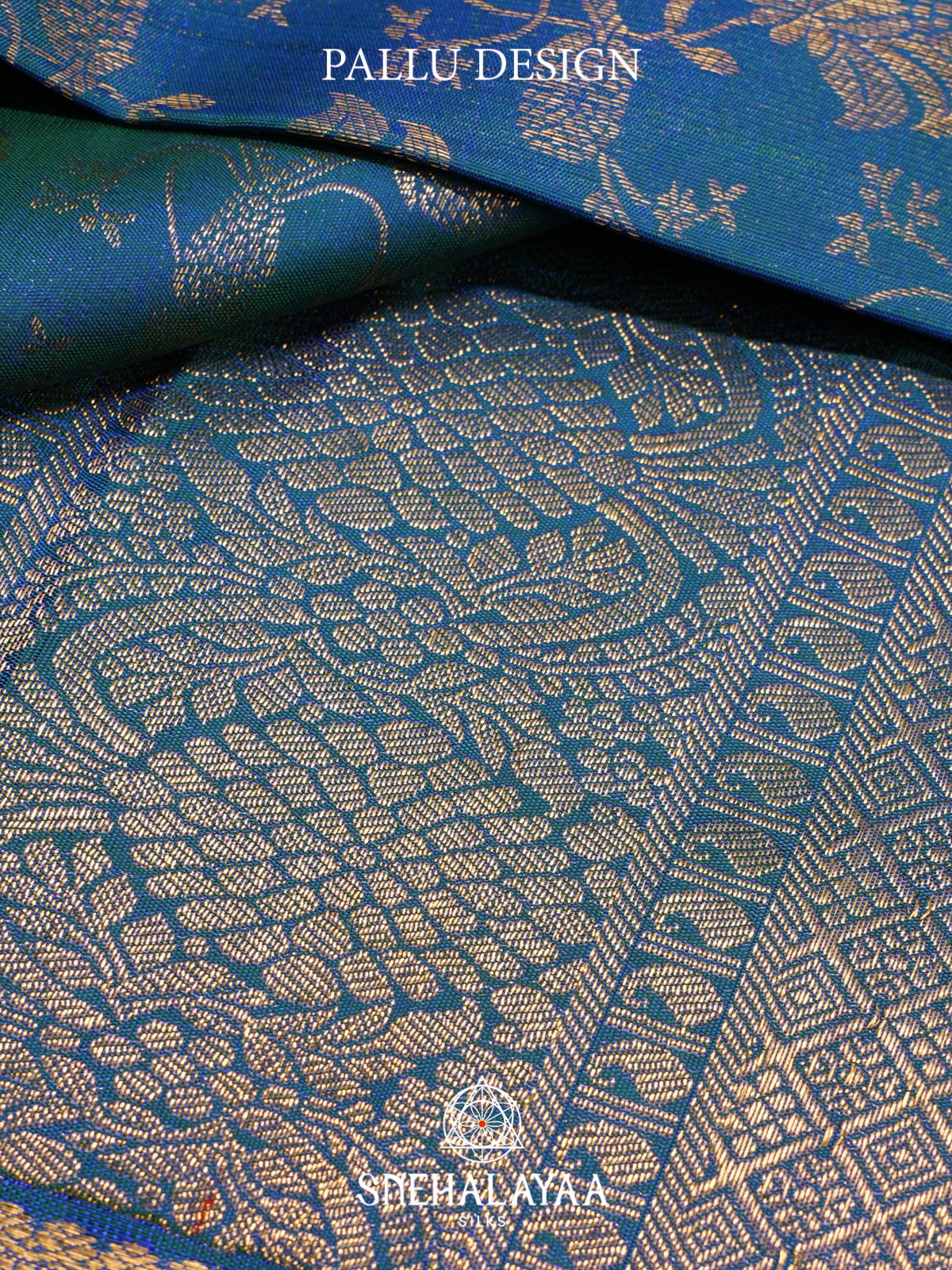 Peacock Blue Floral Kanjivaram Silk Saree with Gold Zari Border