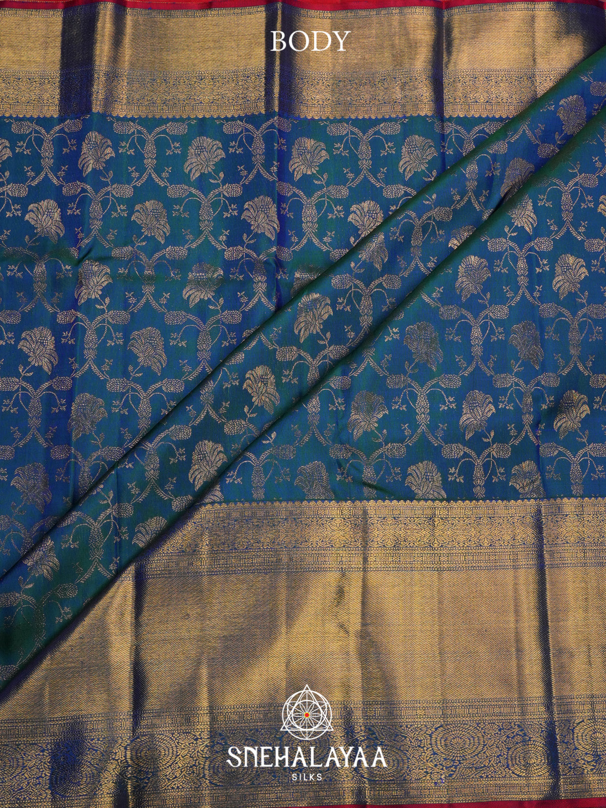 Peacock Blue Floral Kanjivaram Silk Saree with Gold Zari Border