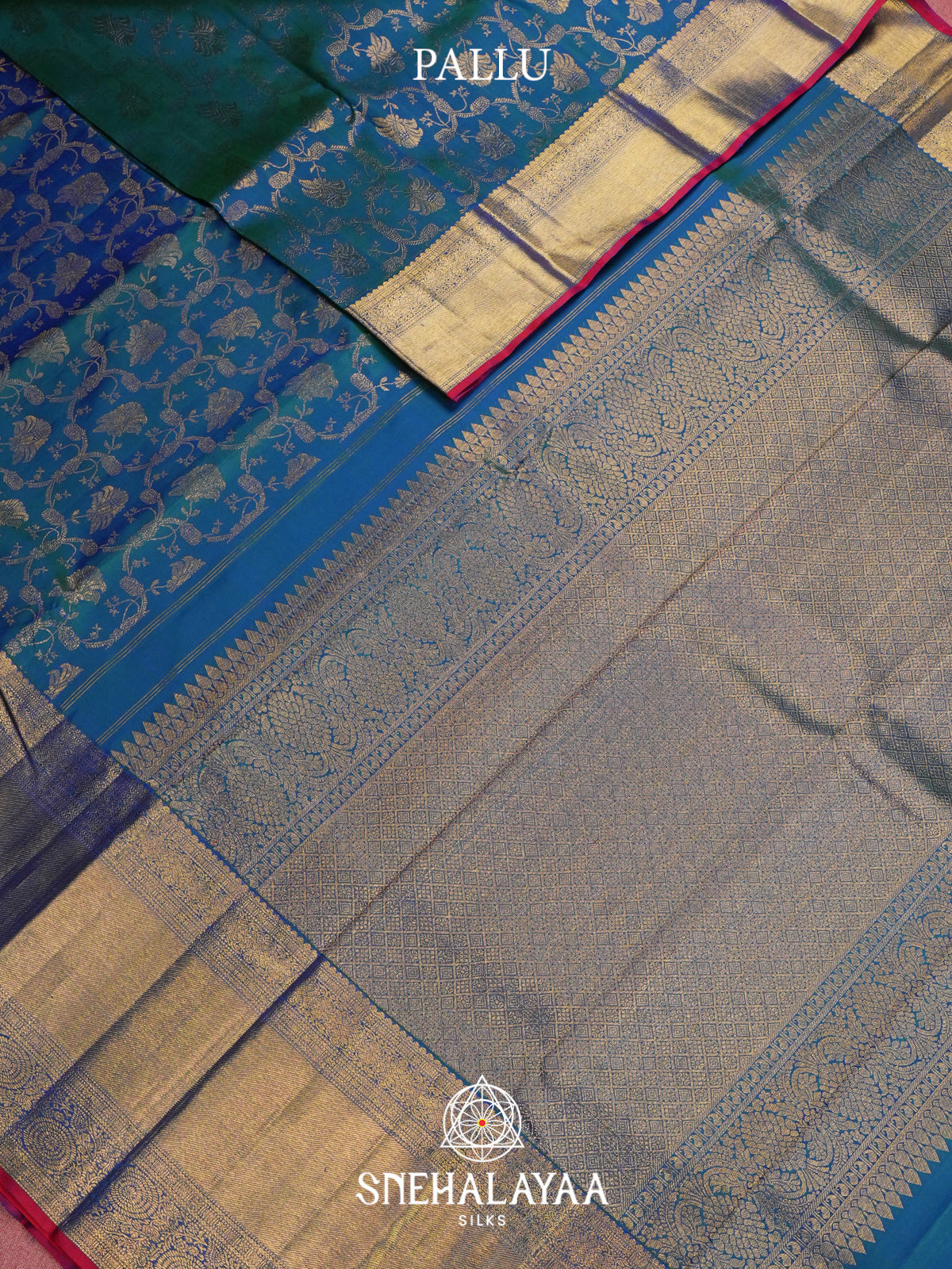 Peacock Blue Floral Kanjivaram Silk Saree with Gold Zari Border