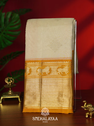 Off White Kanchi Kora Silk Saree with Zari Buttas and Yellow Zari Border