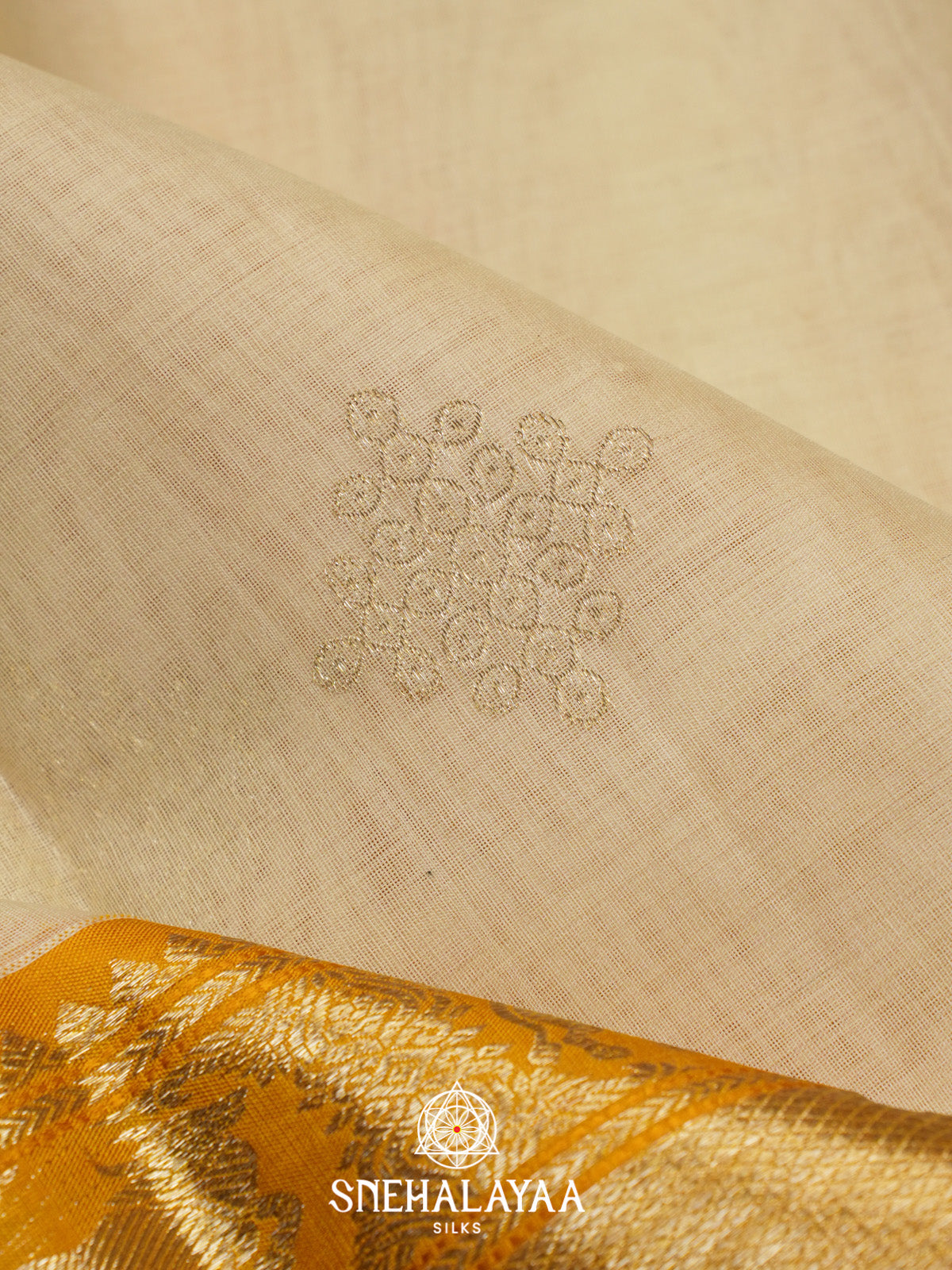Off White Kanchi Kora Silk Saree with Zari Buttas and Yellow Zari Border