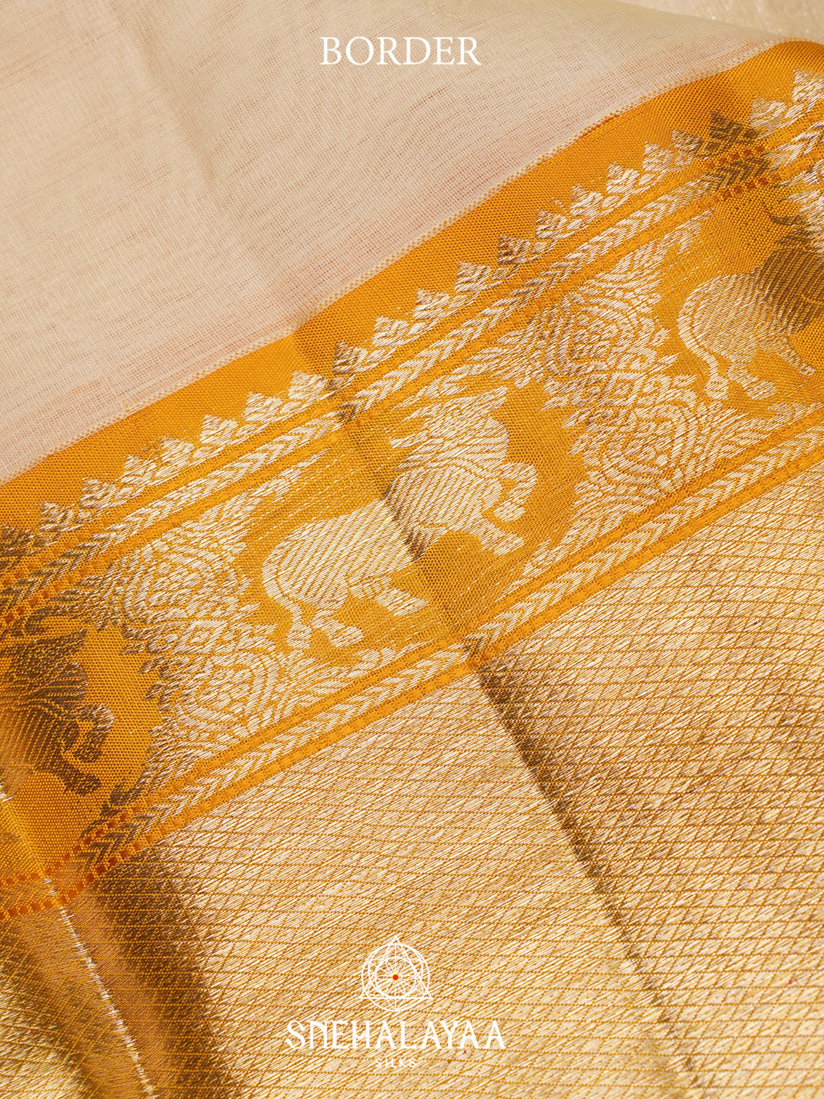 Off White Kanchi Kora Silk Saree with Zari Buttas and Yellow Zari Border