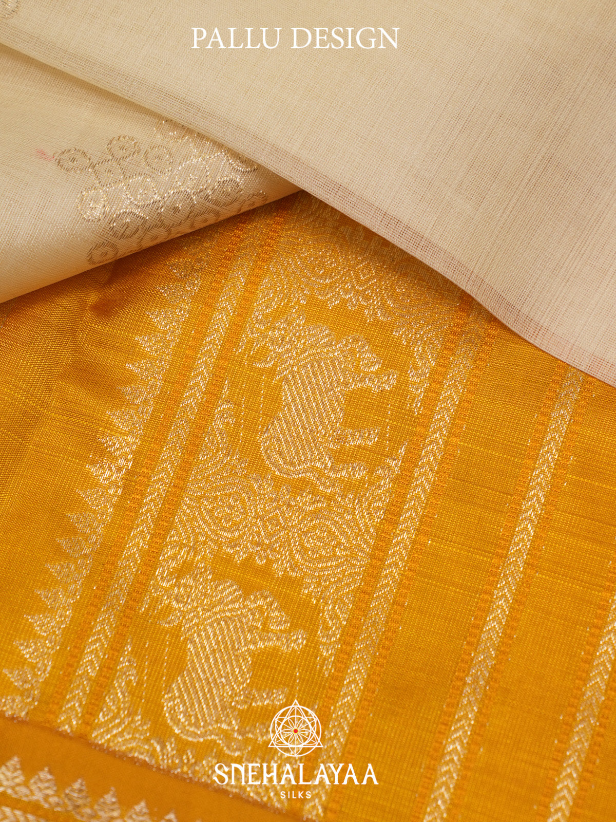 Off White Kanchi Kora Silk Saree with Zari Buttas and Yellow Zari Border