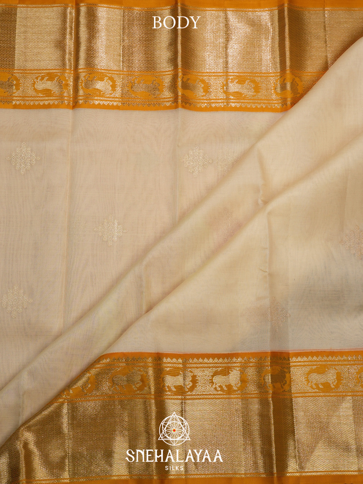 Off White Kanchi Kora Silk Saree with Zari Buttas and Yellow Zari Border