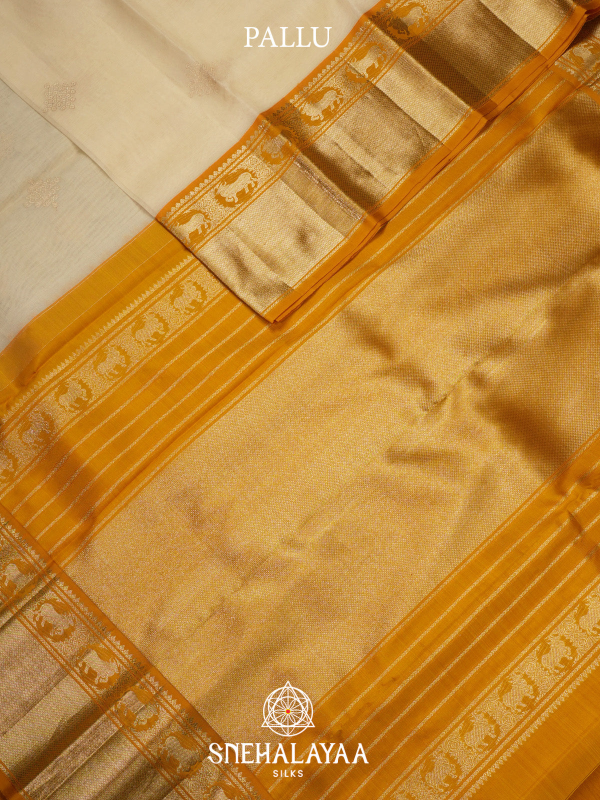Off White Kanchi Kora Silk Saree with Zari Buttas and Yellow Zari Border