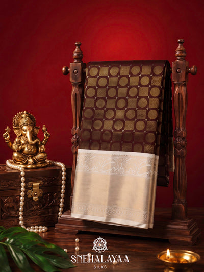 Coffee Brown Korvai Kanjivaram Silk Saree with Silver Zari Border