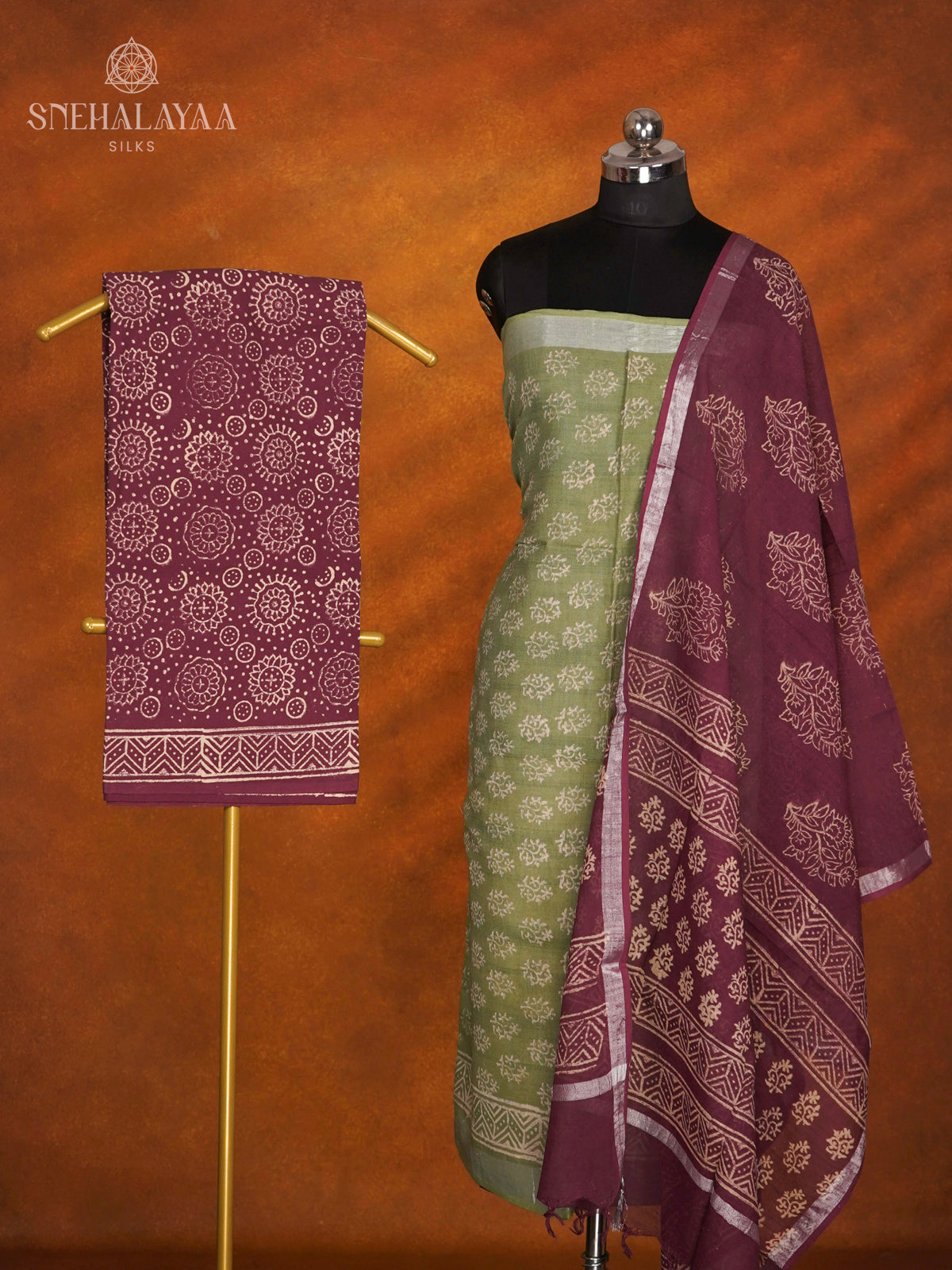 Olive Green Linen Cotton 3-Piece Salwar Suit Material