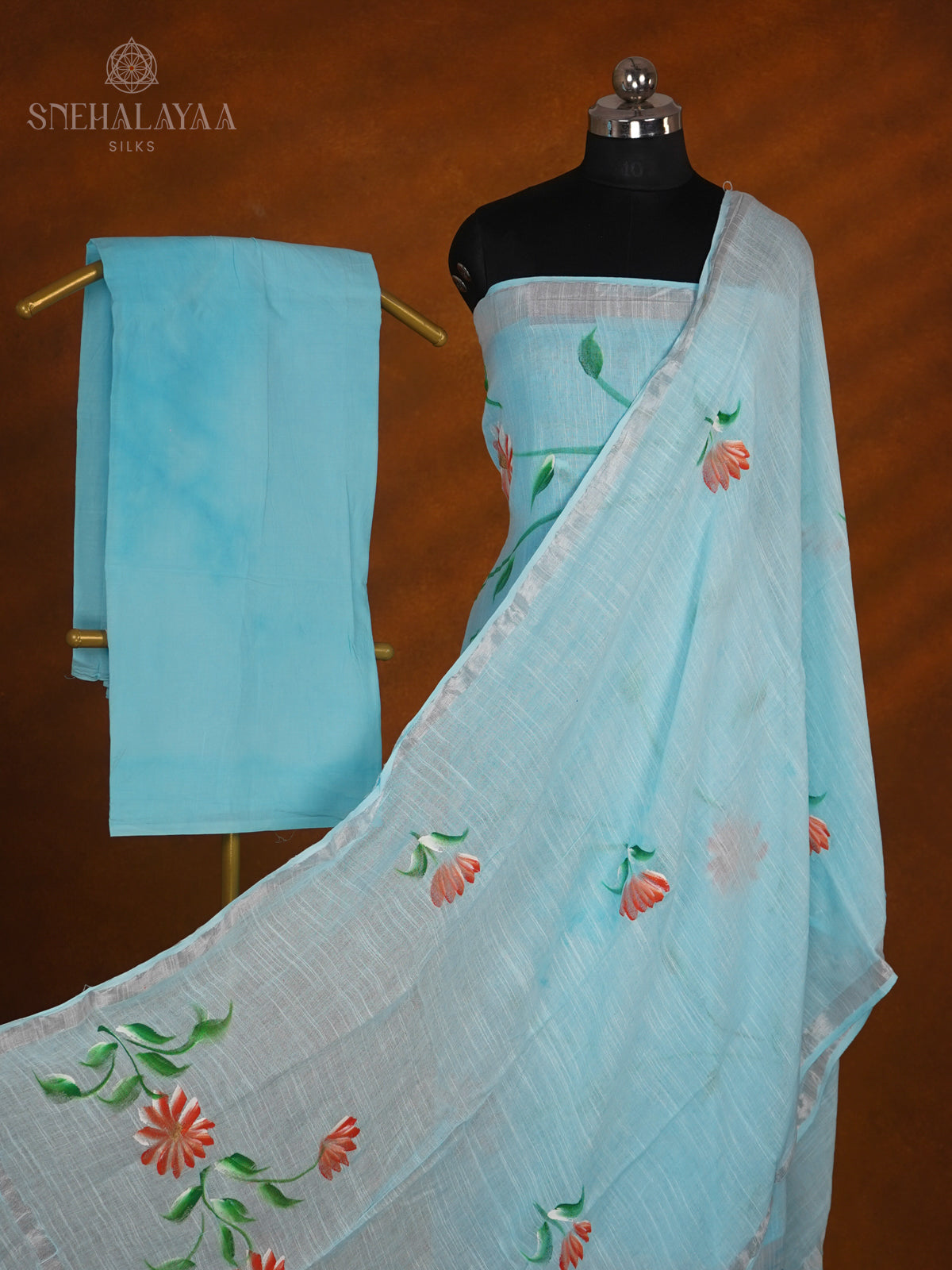 Sky Blue Linen Cotton 3-Piece Salwar Suit Material