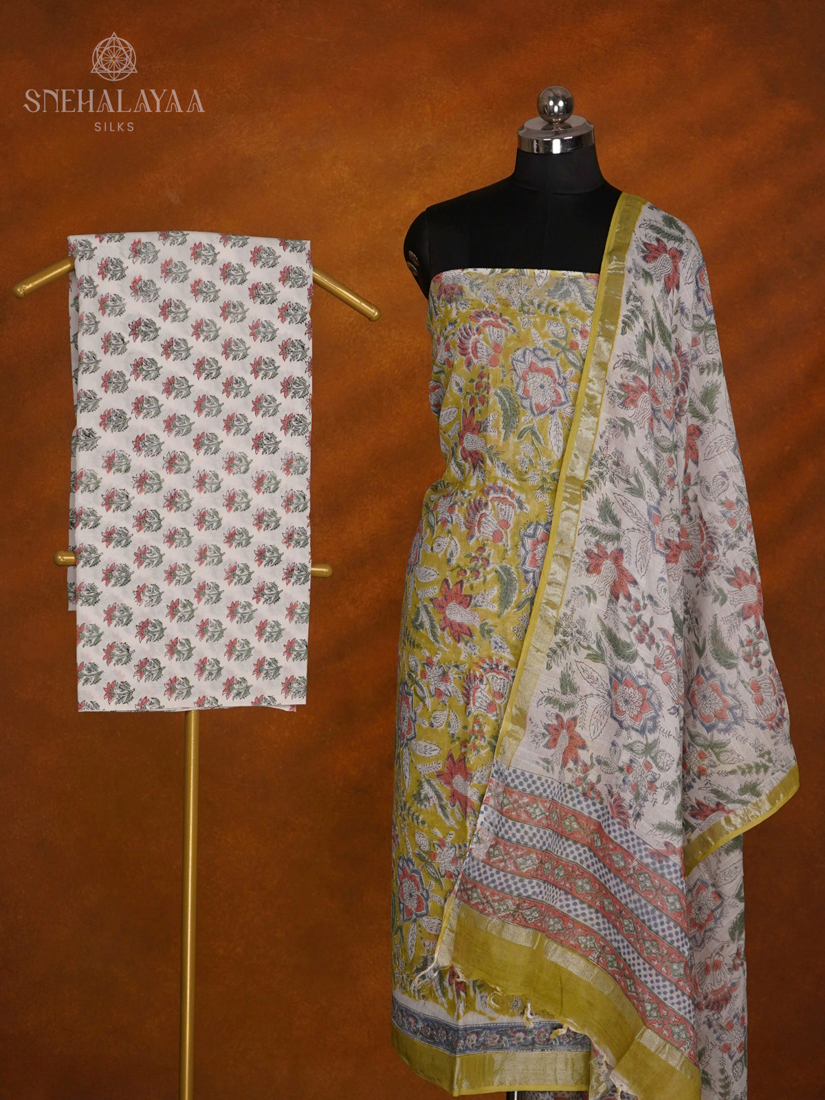 Olive Yellow Linen Cotton 3-Piece Salwar Suit Material