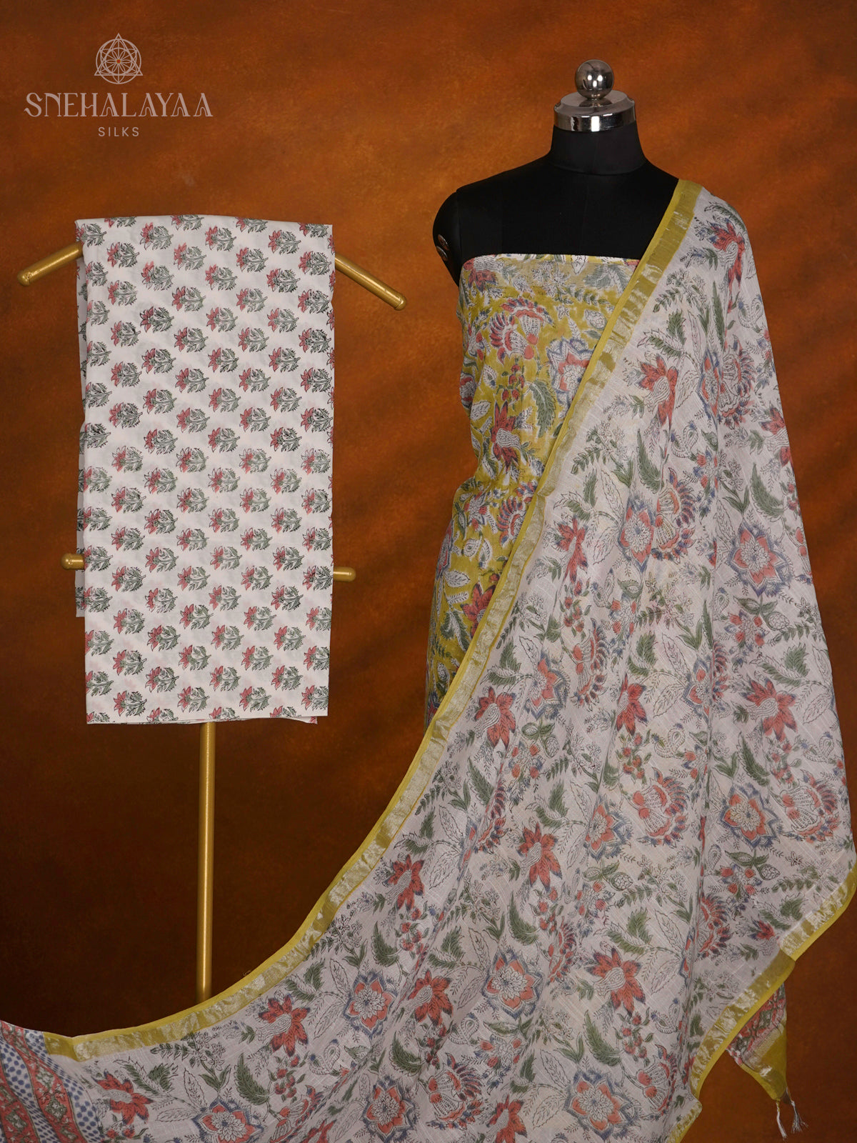 Olive Yellow Linen Cotton 3-Piece Salwar Suit Material
