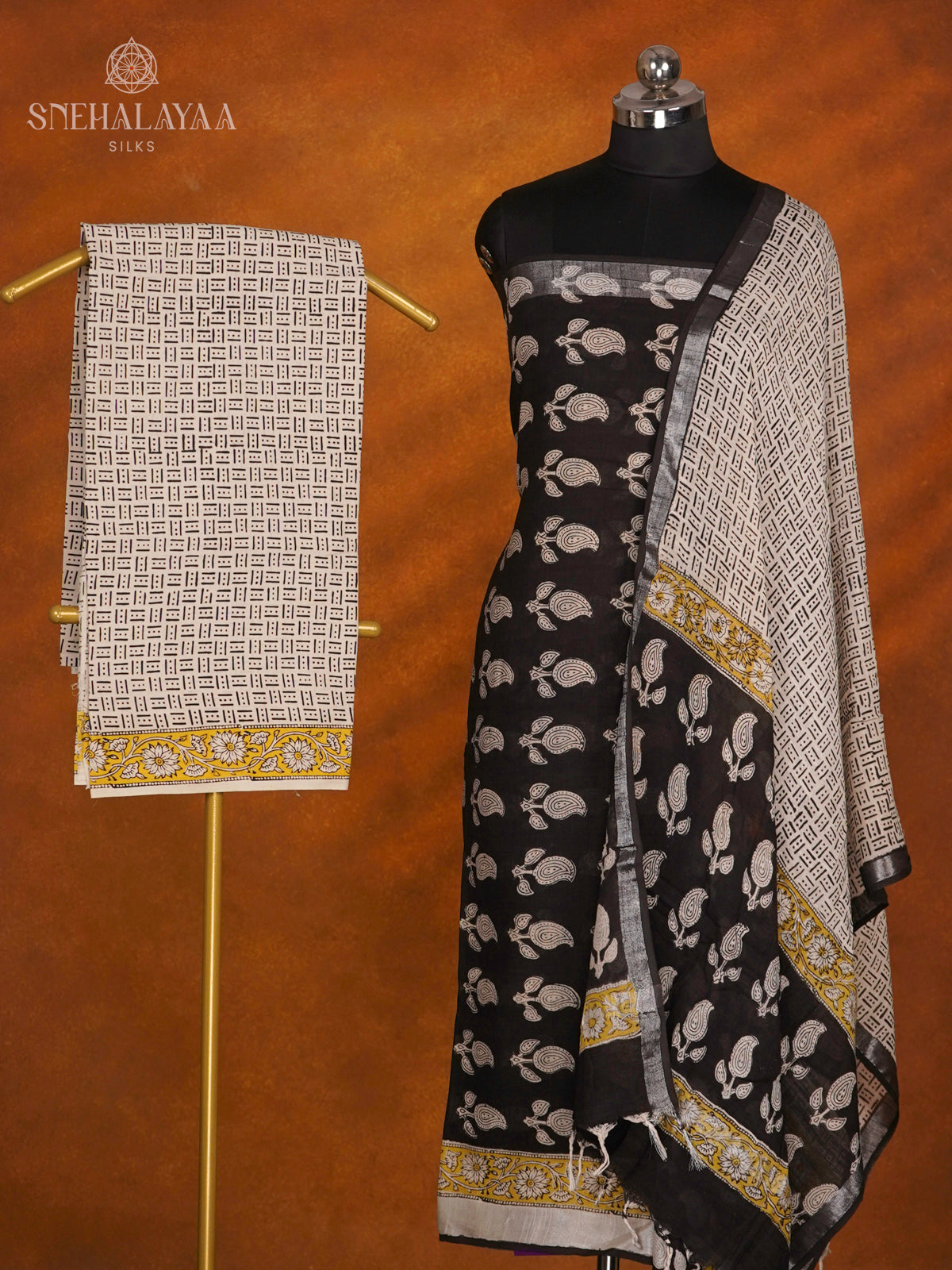 Black Linen Cotton 3-Piece Salwar Suit Material