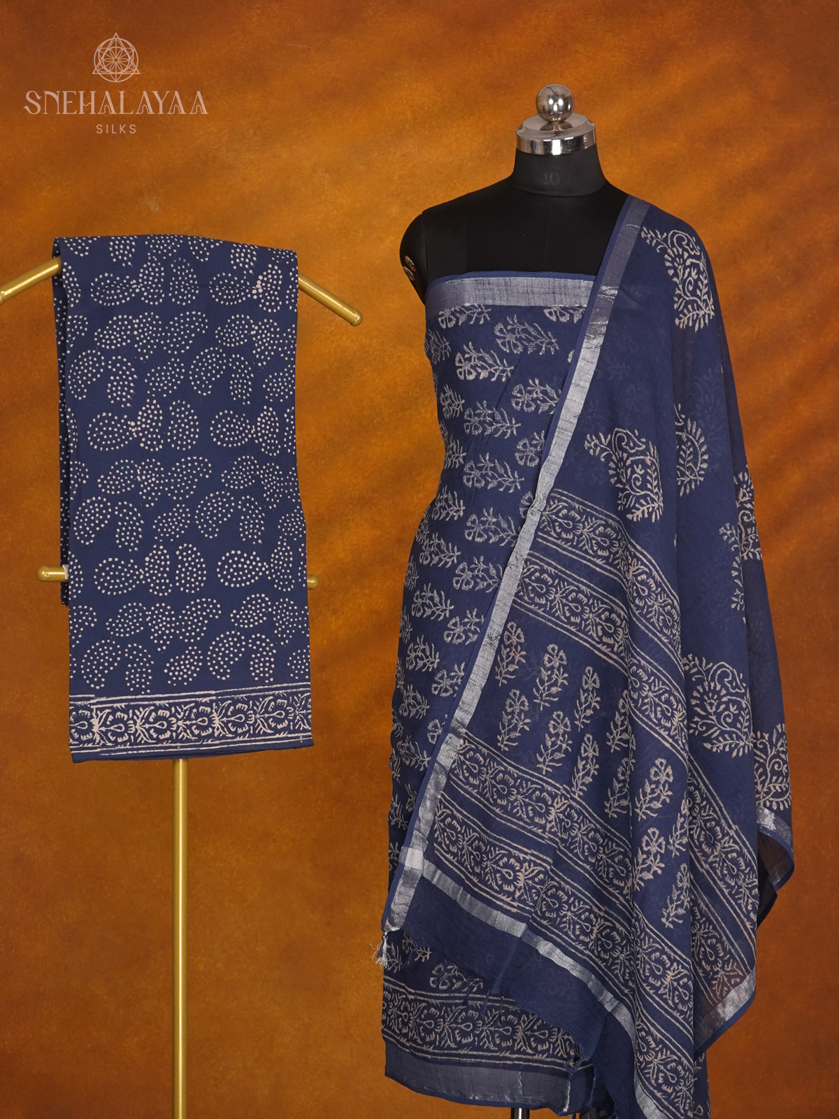 Navy Blue Linen Cotton 3-Piece Salwar Suit Material