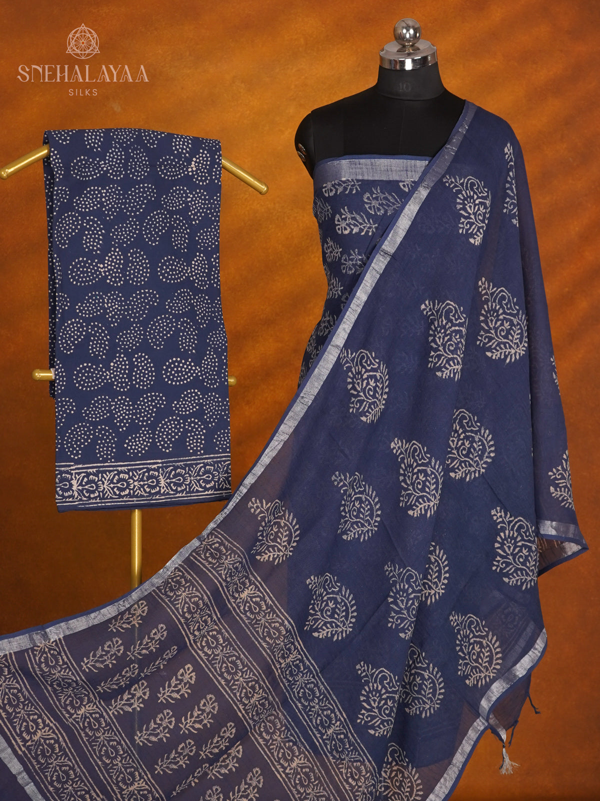 Navy Blue Linen Cotton 3-Piece Salwar Suit Material