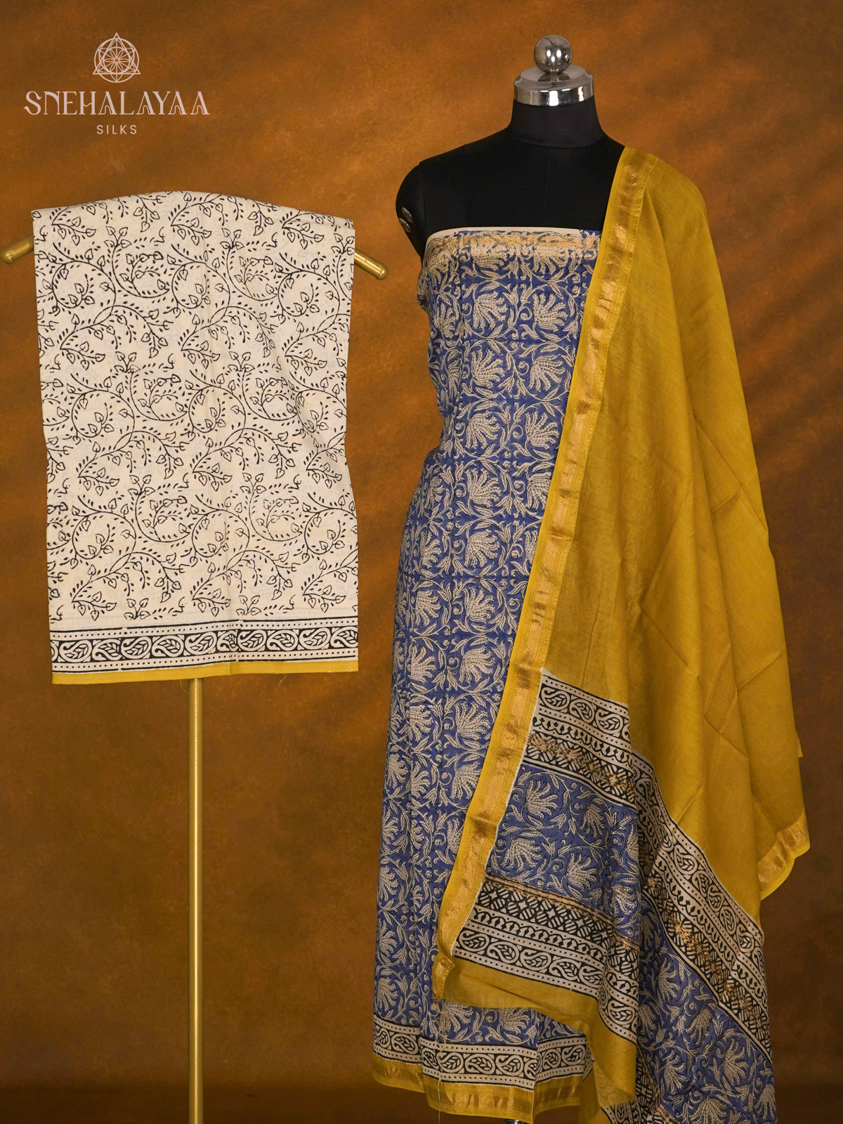 Navy Blue Linen Cotton 3-Piece Salwar Suit Material