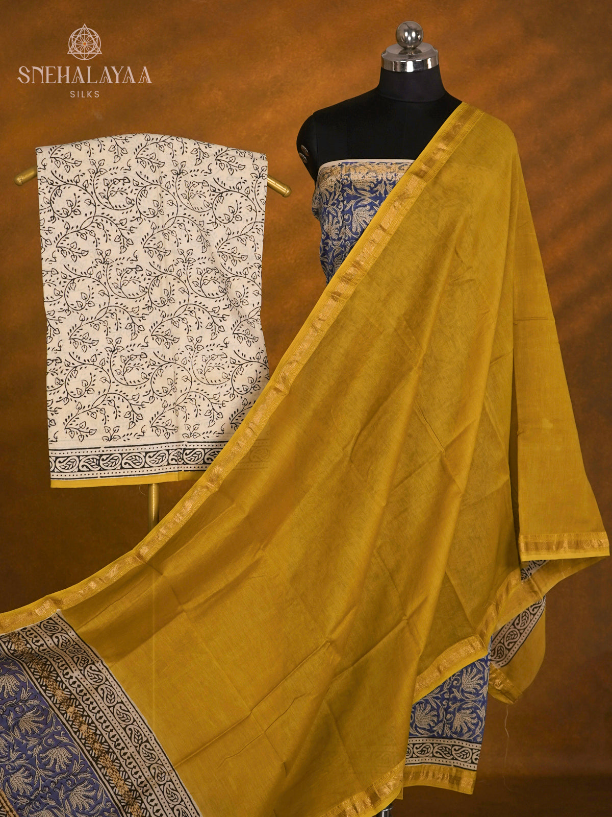 Navy Blue Linen Cotton 3-Piece Salwar Suit Material