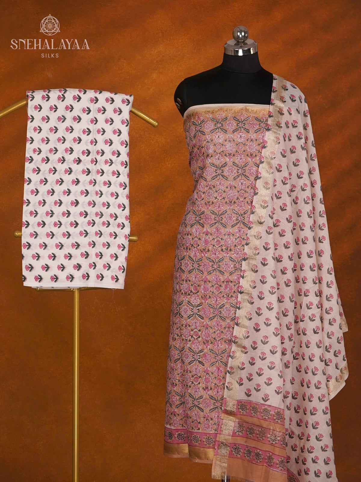 Peach Chanderi Cotton 3-Piece Salwar Suit Material