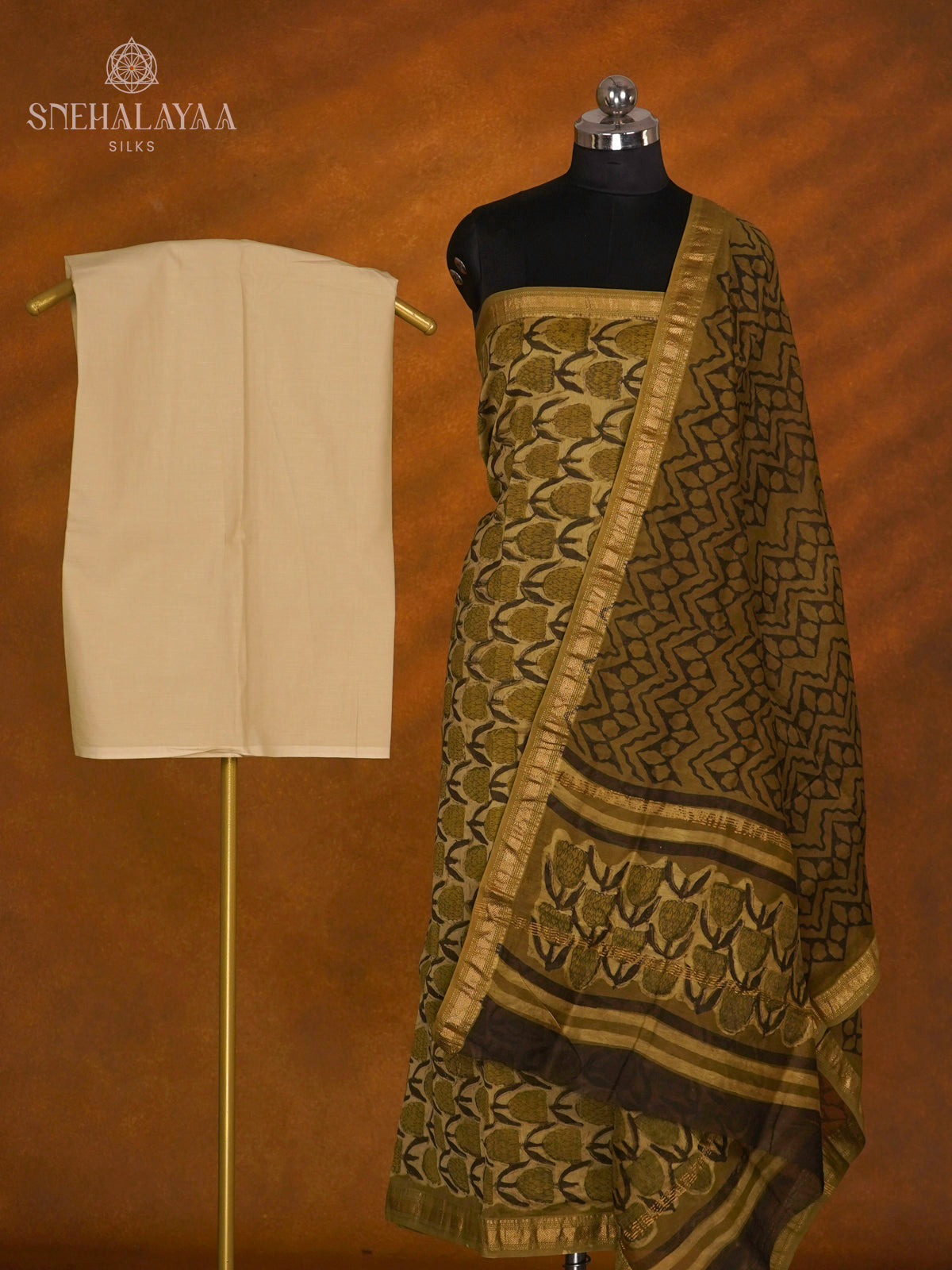 Olive Green Chanderi Cotton 3-Piece Salwar Suit Material
