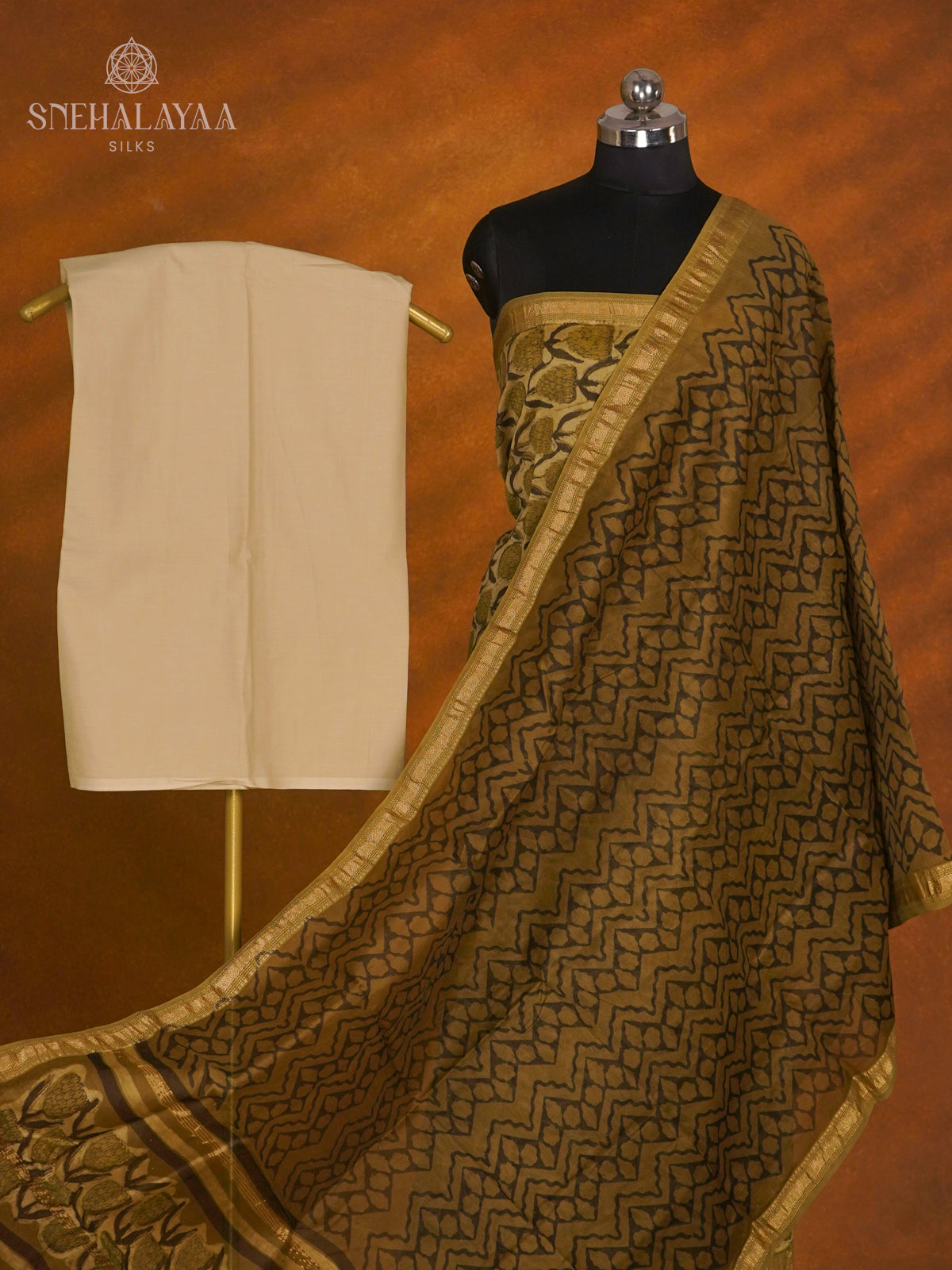 Olive Green Chanderi Cotton 3-Piece Salwar Suit Material