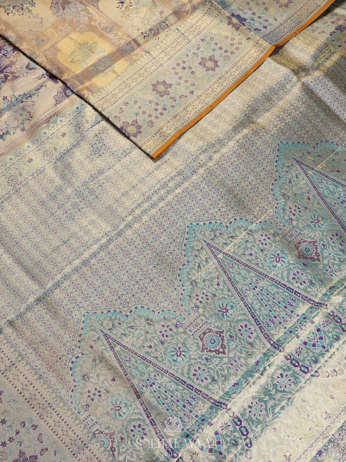 Teal Blue Tissue Kanjivaram Silk Saree