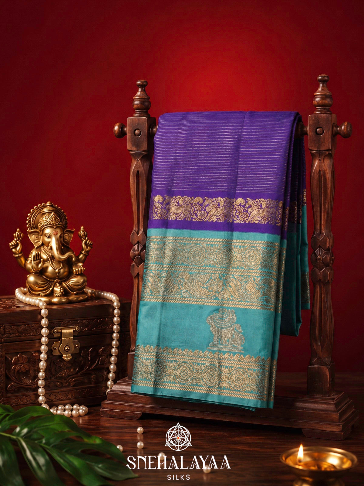 Royal Purple Kanjivaram Silk Saree with Sky Blue Zari Border