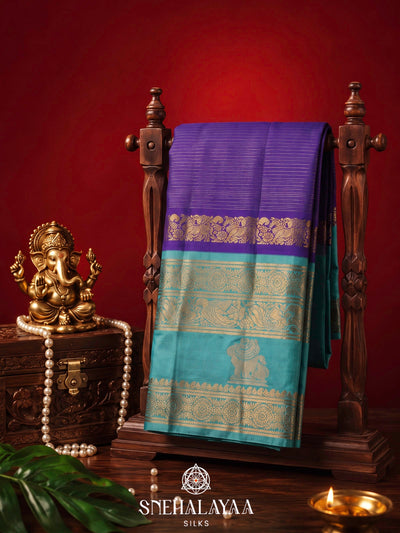 Royal Purple Kanjivaram Silk Saree with Sky Blue Zari Border
