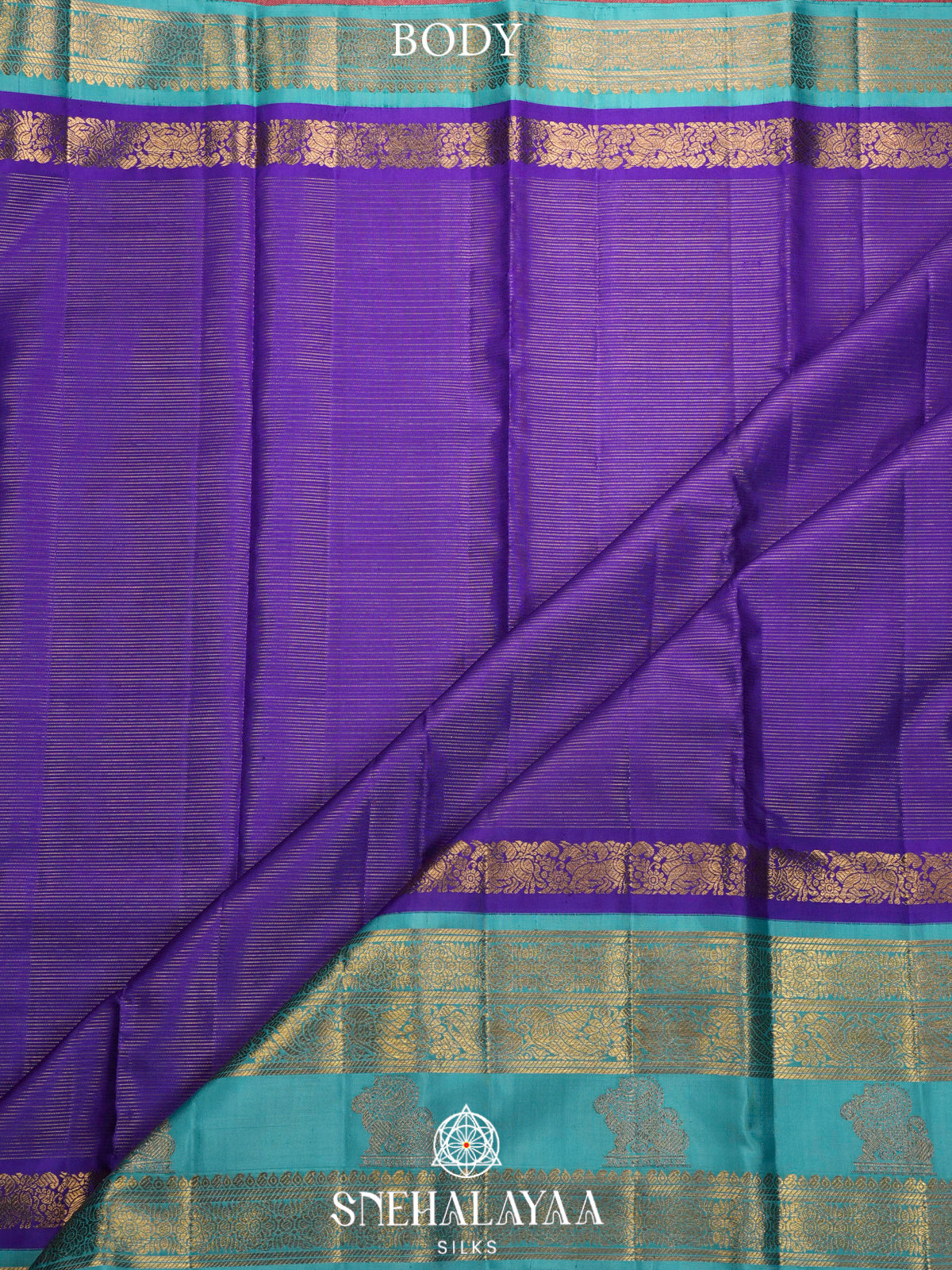 Royal Purple Kanjivaram Silk Saree with Sky Blue Zari Border