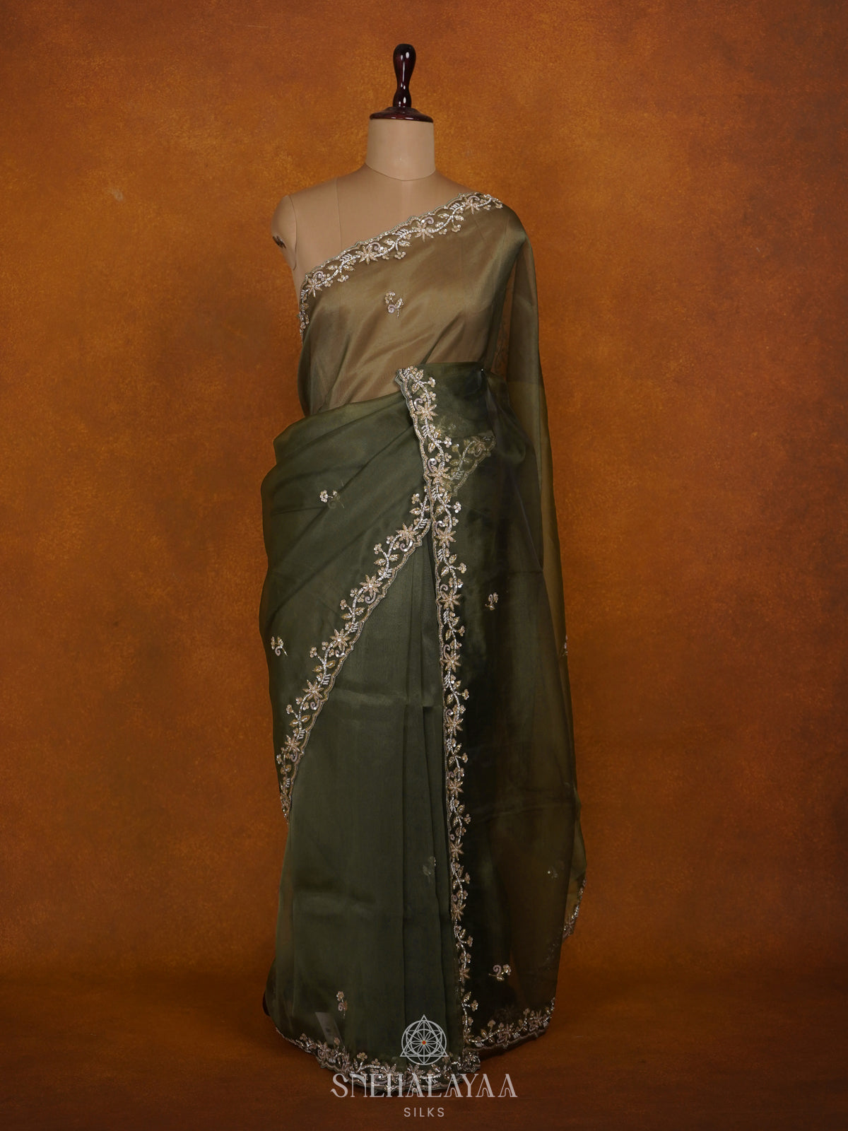 Olive Green Designer Saree
