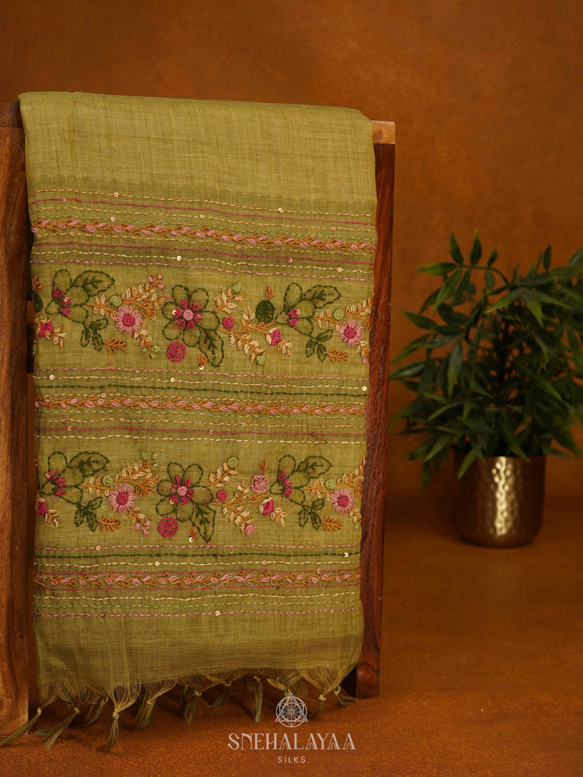 Olive Green Linen Saree