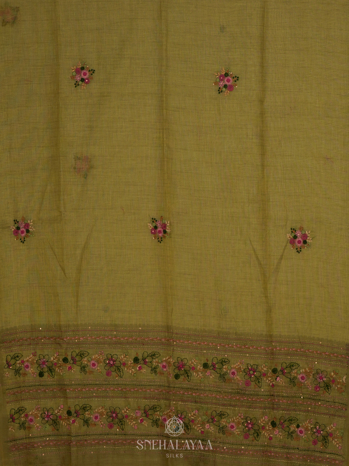 Olive Green Linen Saree