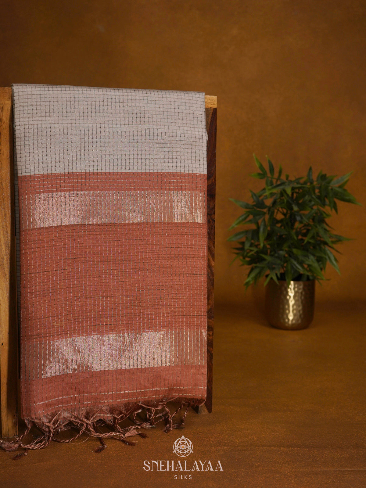 Beige with Peach Border Tussar Saree