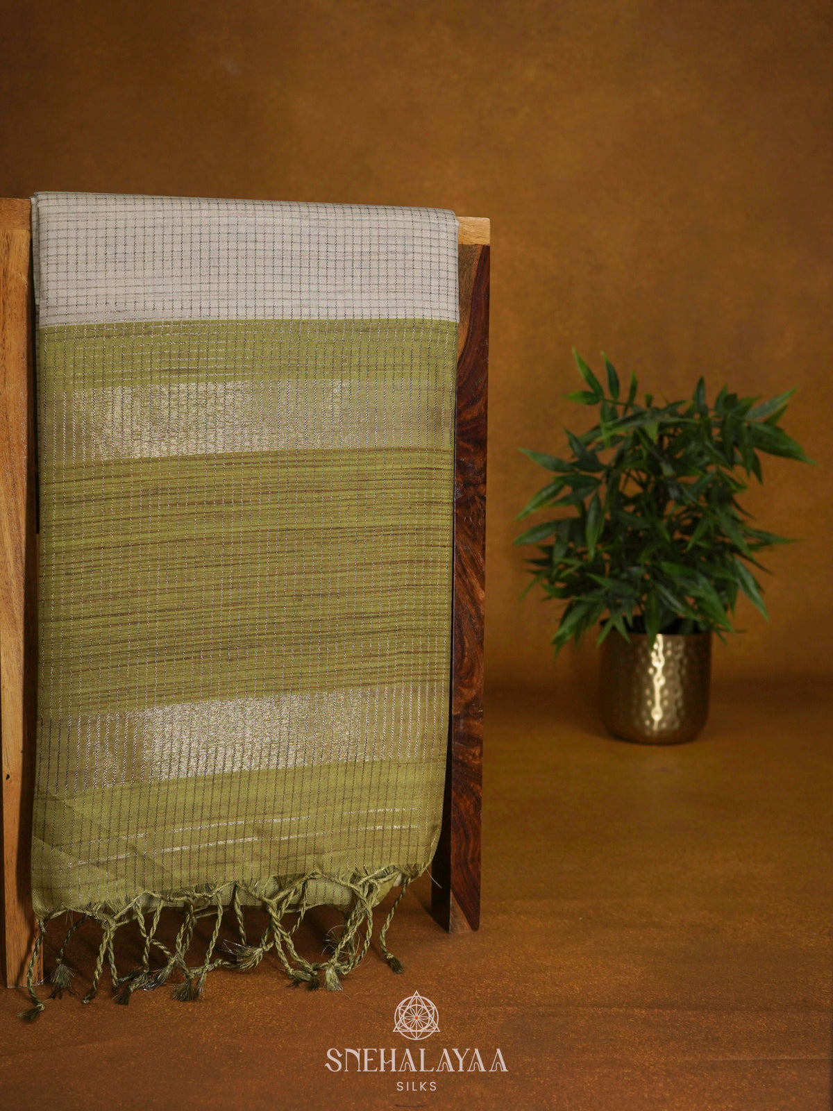 Beige with Olive Green Border Tussar Saree