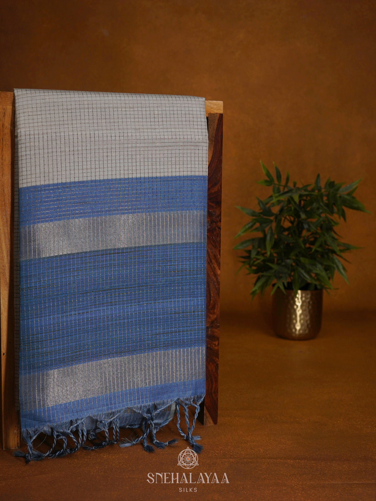 Beige with Blue Border Tussar Saree