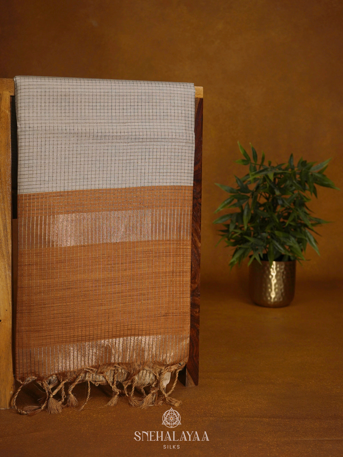 Beige with Mustard Border Tussar Saree