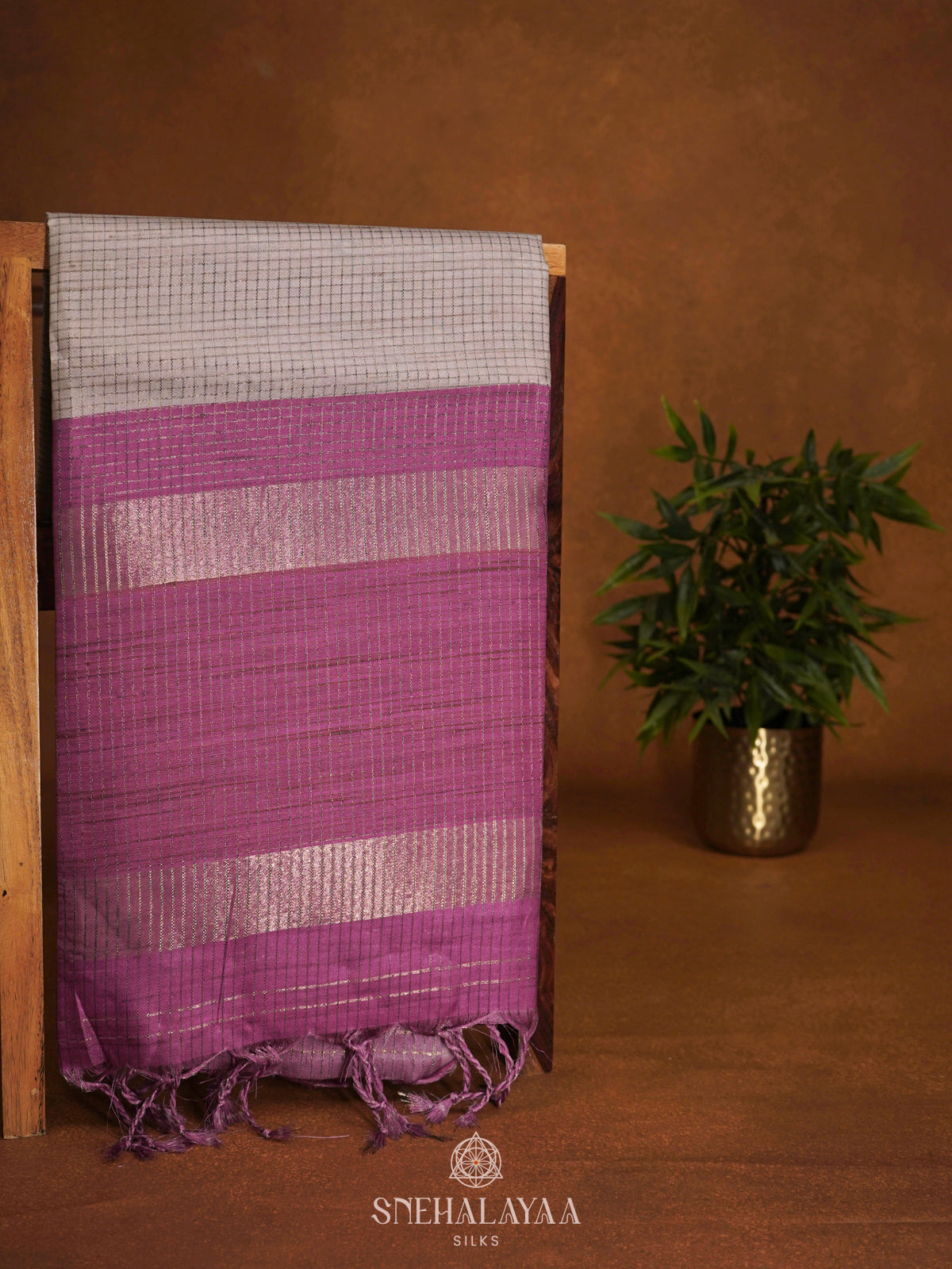 Beige with Pink Border Tussar Saree