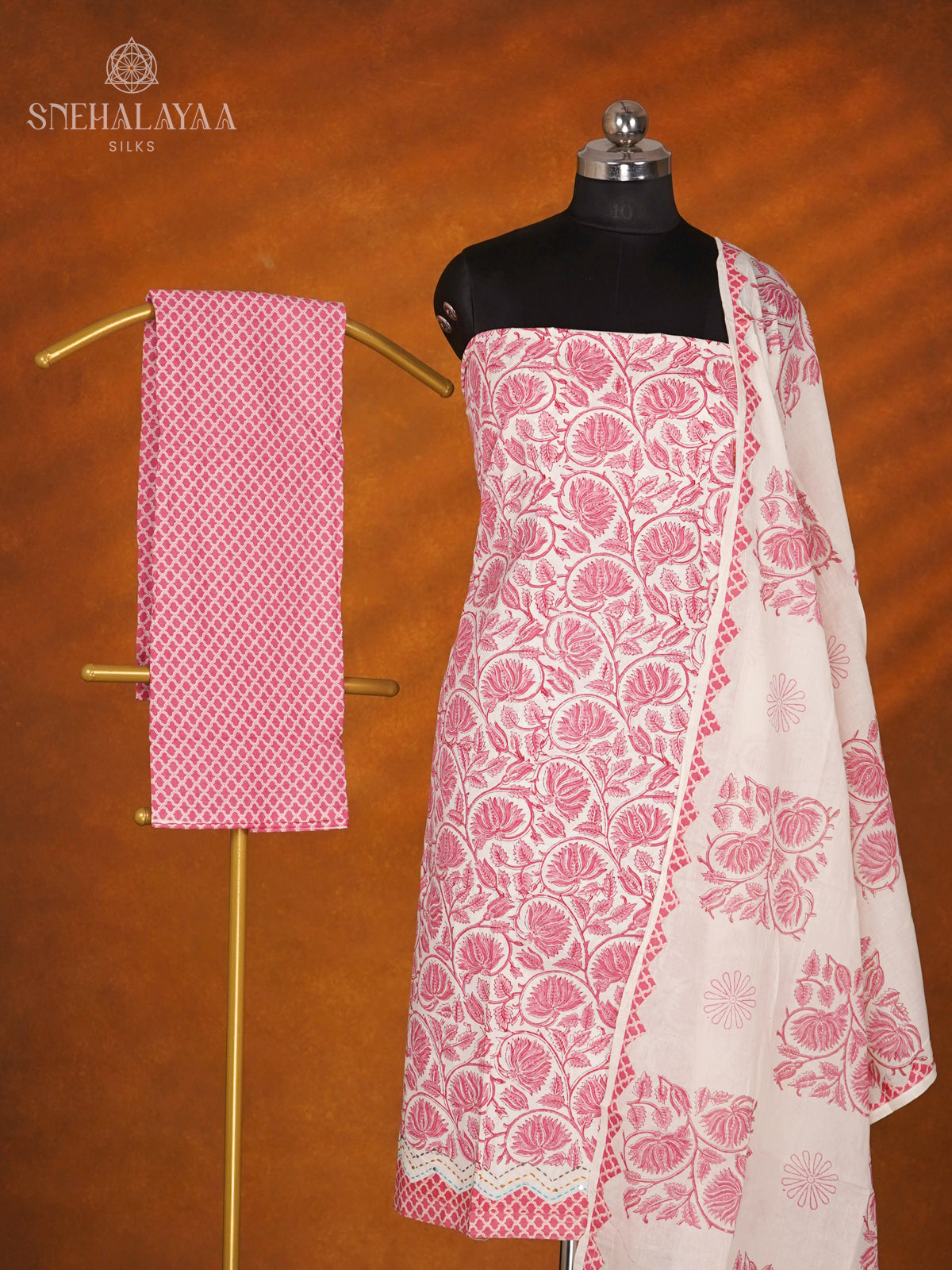 White With Pink Soft Cotton 3-Piece Salwar Suit Material