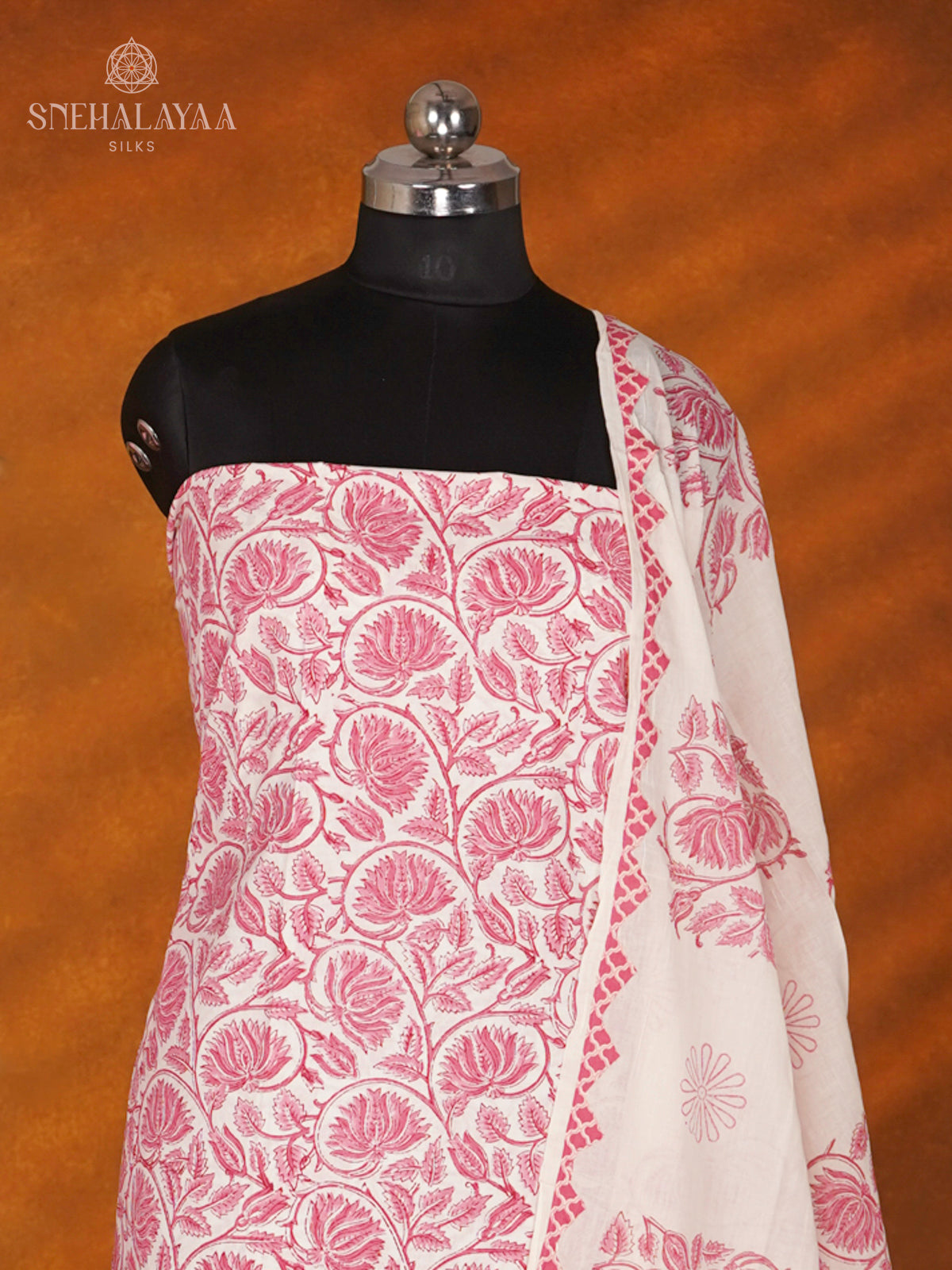 White With Pink Soft Cotton 3-Piece Salwar Suit Material