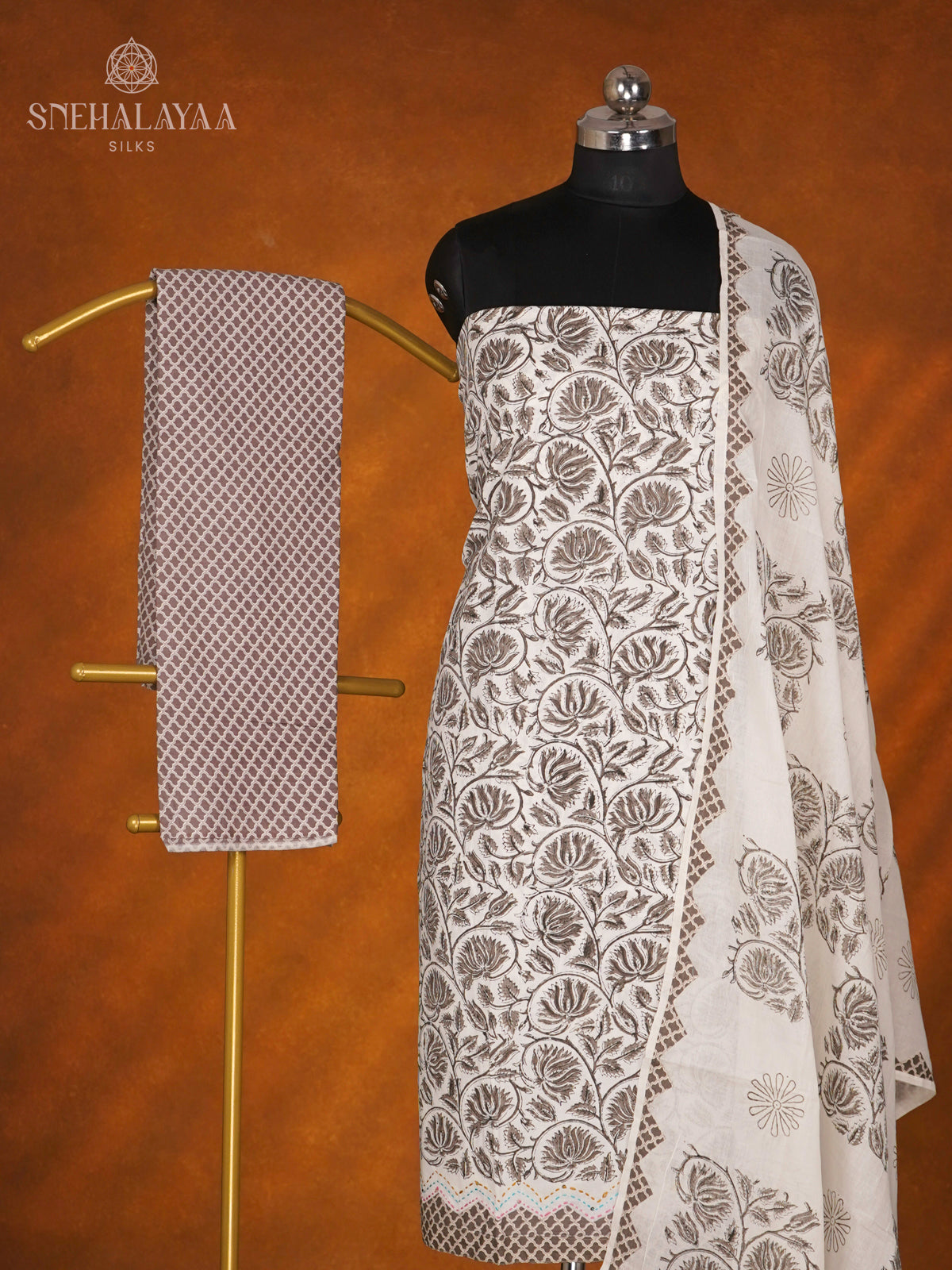 White With Grey Soft Cotton 3-Piece Salwar Suit Material
